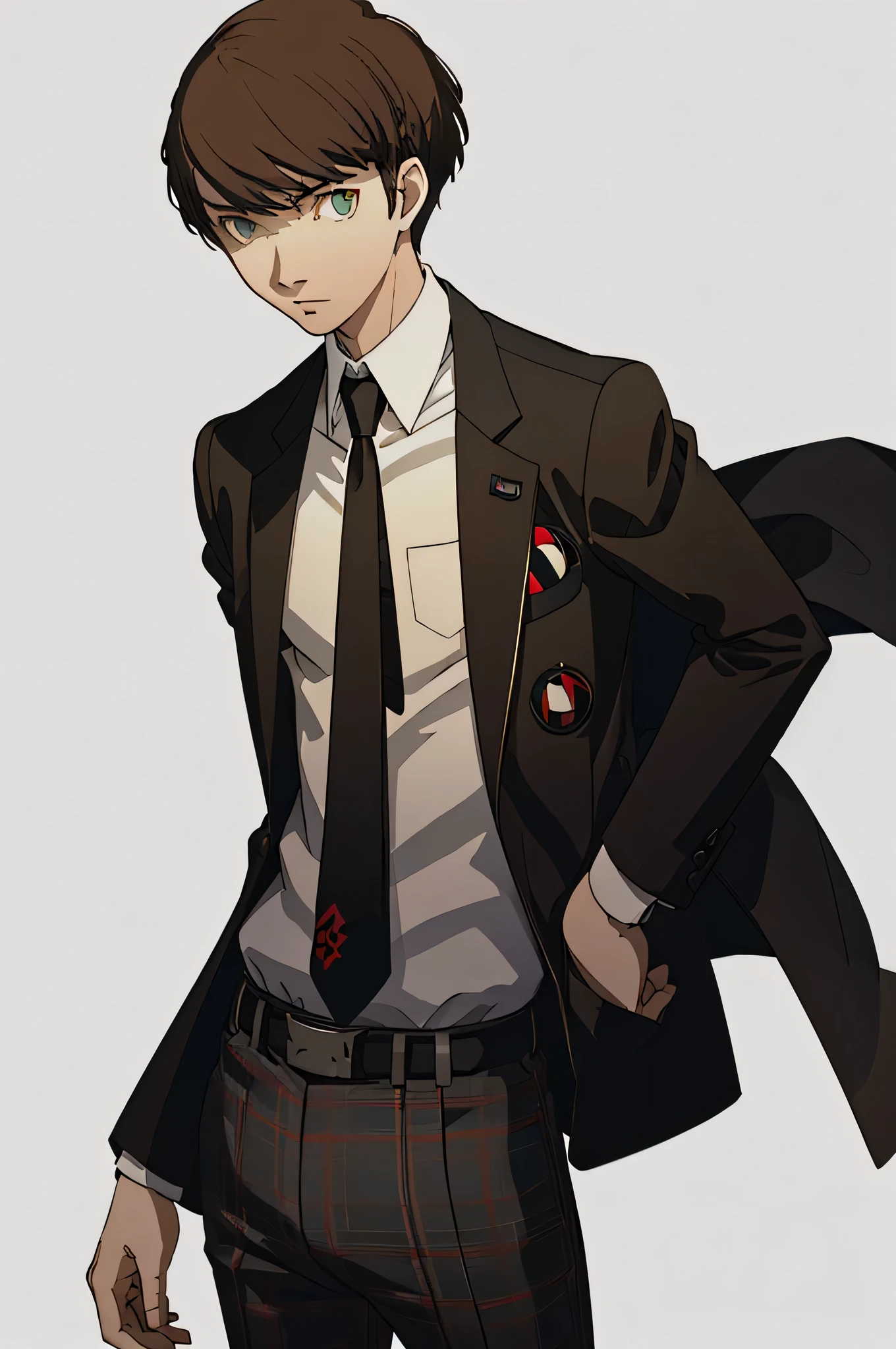 (masterpiece:1.2, best quality), 1boy, solo, upper body, portrait, green eyes, wearing a shujin Academy uniform with a black blazer and tie with red white and black plaid slacks ,mid-legnth brown hair (white background) edgey but casual pose