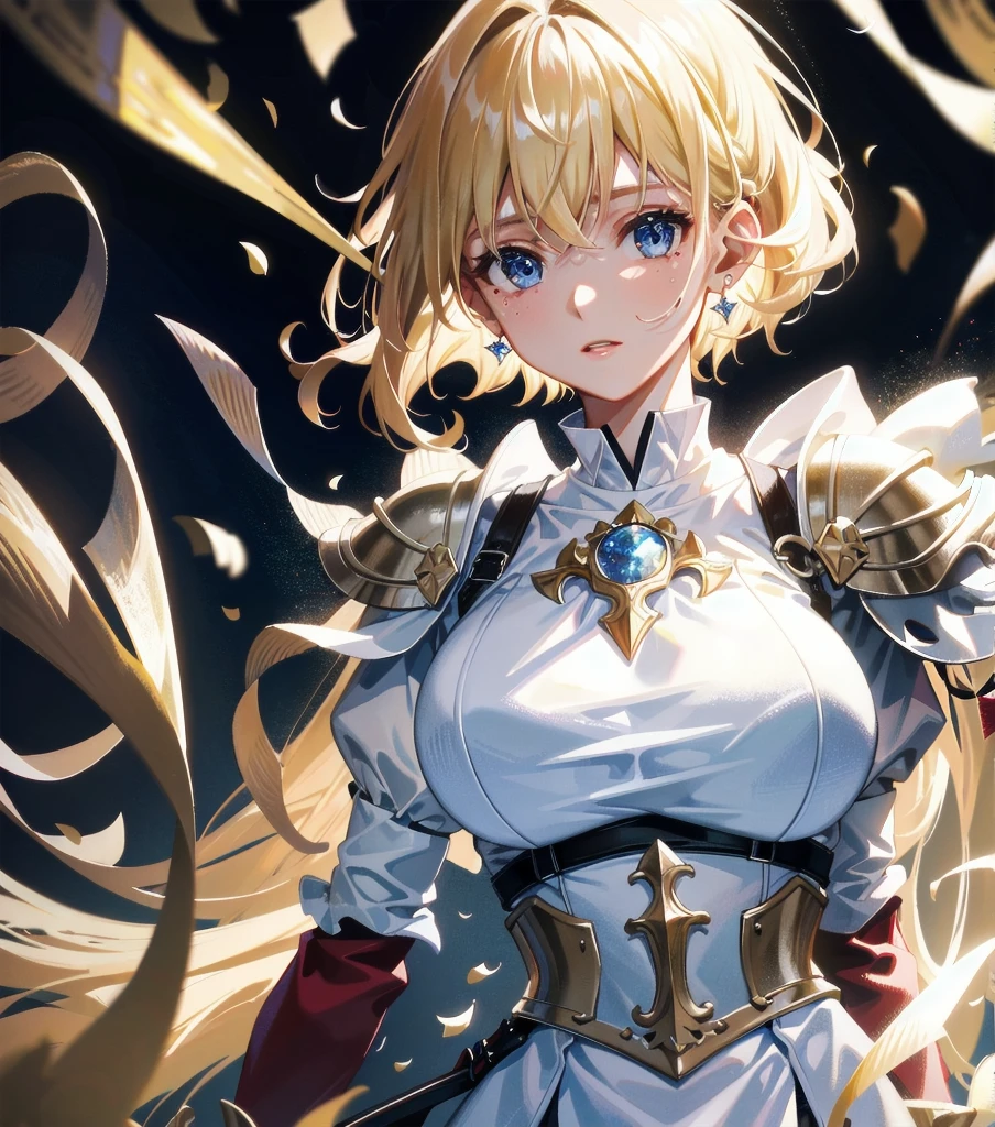 absurdres, RAW photo, extremely delicate and beautiful, masterpiece, Best Quality, ultra high resolution, 32k, hyperrealistic, ultra-detailed, 20 years old, detailed beautiful face, tearful mole, earring, very huge round breasts, short medium hair, wavy hair, wet clothes, (full body shot), alone, blonde hair, gauntlets, Joan of Arc, (surcoat), (cross armor),