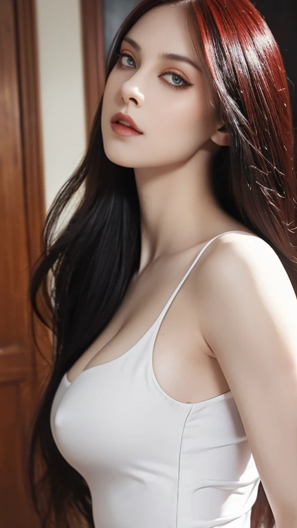 masterpiece, Ultra realistic, 16k, high quality, incredibly detailed, dream aesthetic, dream atmosphere, cinematic, work of art, (sharp focus: 1.5), (photorealistic: 1.3), featured (Beautiful goth Girl), pretty red-haired girl (charming seductress). cinematic, detailed, 16k sharp focus, realistic. Gorgeous. Seductive (evil). Natural red hair (realistic texture), illuminated silky and shiny hair, detailed hair (realistic), (natural). gorgeous detailed face (charming seductress). flushed cheekbones (Rosy cheeks), tanned skin , (white skin) alabaster skin that seems to glow ethereally. Her attire is goth. Voluptuous form. Turquoise blue eyes (evil eyes look). A symmetrical face ::2 goth clothes + trending on artstation + fantasy art + realistic cloth + fractals in the background, flowing hair --aspect 9:21 --uplight his otherworldly beauty. realistic skin texture, pale-white skin illuminated. realistic perfect shading. absurdres, realistic textures. solo, alone, 1girl. looking at viewer. female muscular body, toned body, defined muscles. Large natural breasts, cleavage. pantyhose, gothic (black) dress (realistic texture). In Different positions at different angles. Day background. unbelievably real, best quality, Photorealistic.