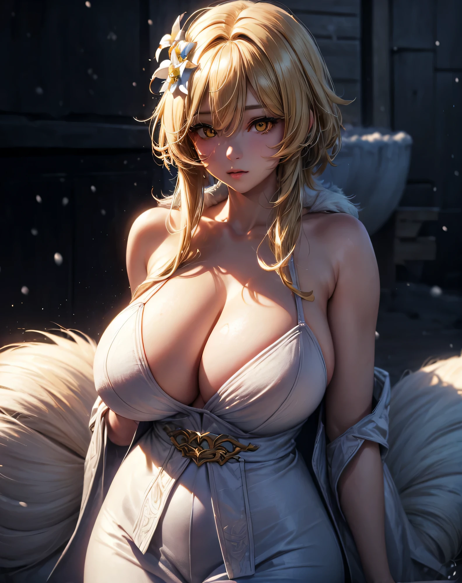 (best quality,4k,8k,highres,masterpiece:1.2), ultra-detailed, (realistic,photorealistic,photo-realistic:1.37), ((gigantic breasts:1.6)), snowy road background, illustration, vivid colors, portraits, studio lighting,physically-based rendering, cynical lighting effect, sexy pose, (ultra-detailed eyes:1.4), shy, (winter:1.3), (coat:1.4), Lumine, genshin impact, blonde, Short messy hair with two tails, white flower hair jewelry, detailed yellow eyes