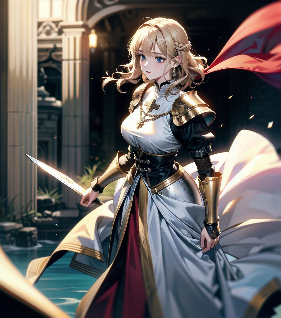 absurdres, RAW photo, extremely delicate and beautiful, masterpiece, Best Quality, ultra high resolution, 32k, hyperrealistic, ultra-detailed, 20 years old, detailed beautiful face, tearful mole, earring, very huge round breasts, short medium hair, wavy hair, wet clothes, (full body shot), alone, blonde hair, gauntlets, Joan of Arc, (surcoat), (cross armor),
