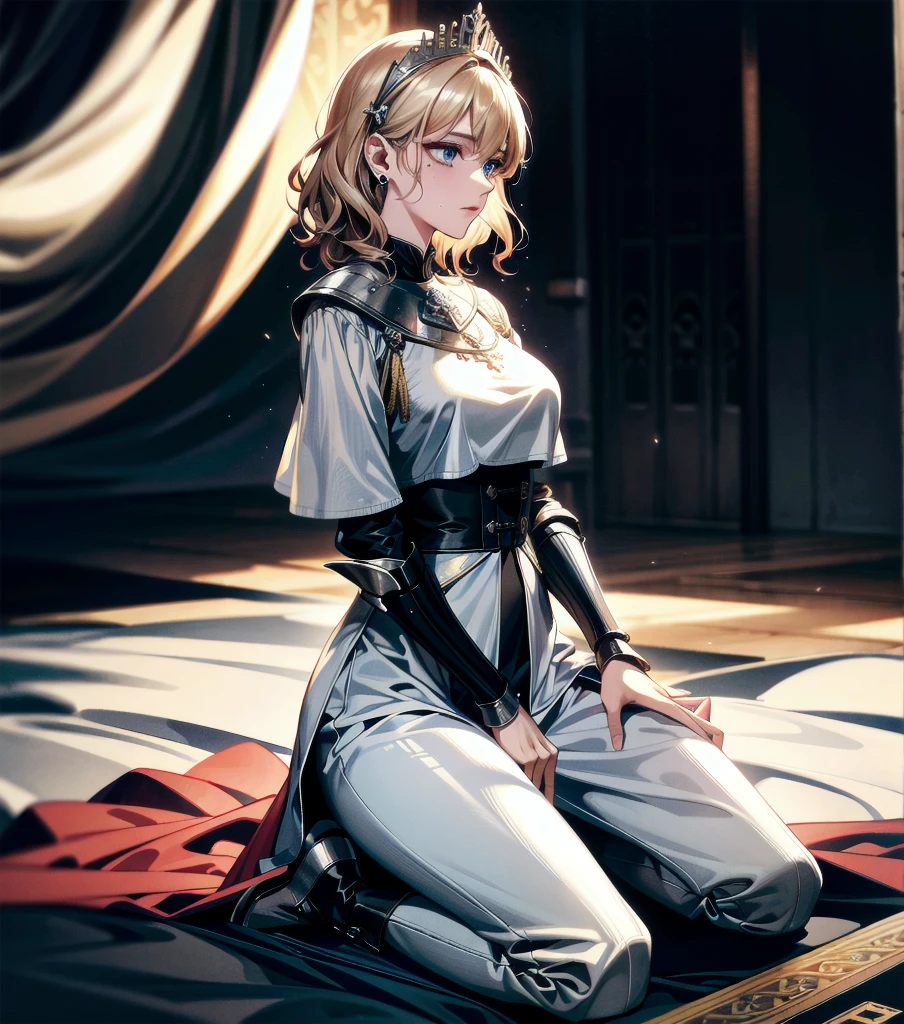absurdres, RAW photo, extremely delicate and beautiful, masterpiece, Best Quality, ultra high resolution, 32k, hyperrealistic, ultra-detailed, 20 years old, detailed beautiful face, tearful mole, earring, very huge round breasts, short medium hair, wavy hair, wet clothes, (full body shot), alone, blonde hair, gauntlets, Joan of Arc, (surcoat), (cross armor),