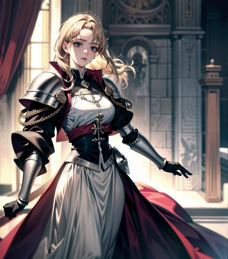 absurdres, RAW photo, extremely delicate and beautiful, masterpiece, Best Quality, ultra high resolution, 32k, hyperrealistic, ultra-detailed, 20 years old, detailed beautiful face, tearful mole, earring, very huge round breasts, short medium hair, wavy hair, wet clothes, (full body shot), alone, blonde hair, gauntlets, Joan of Arc, (surcoat), (cross armor),