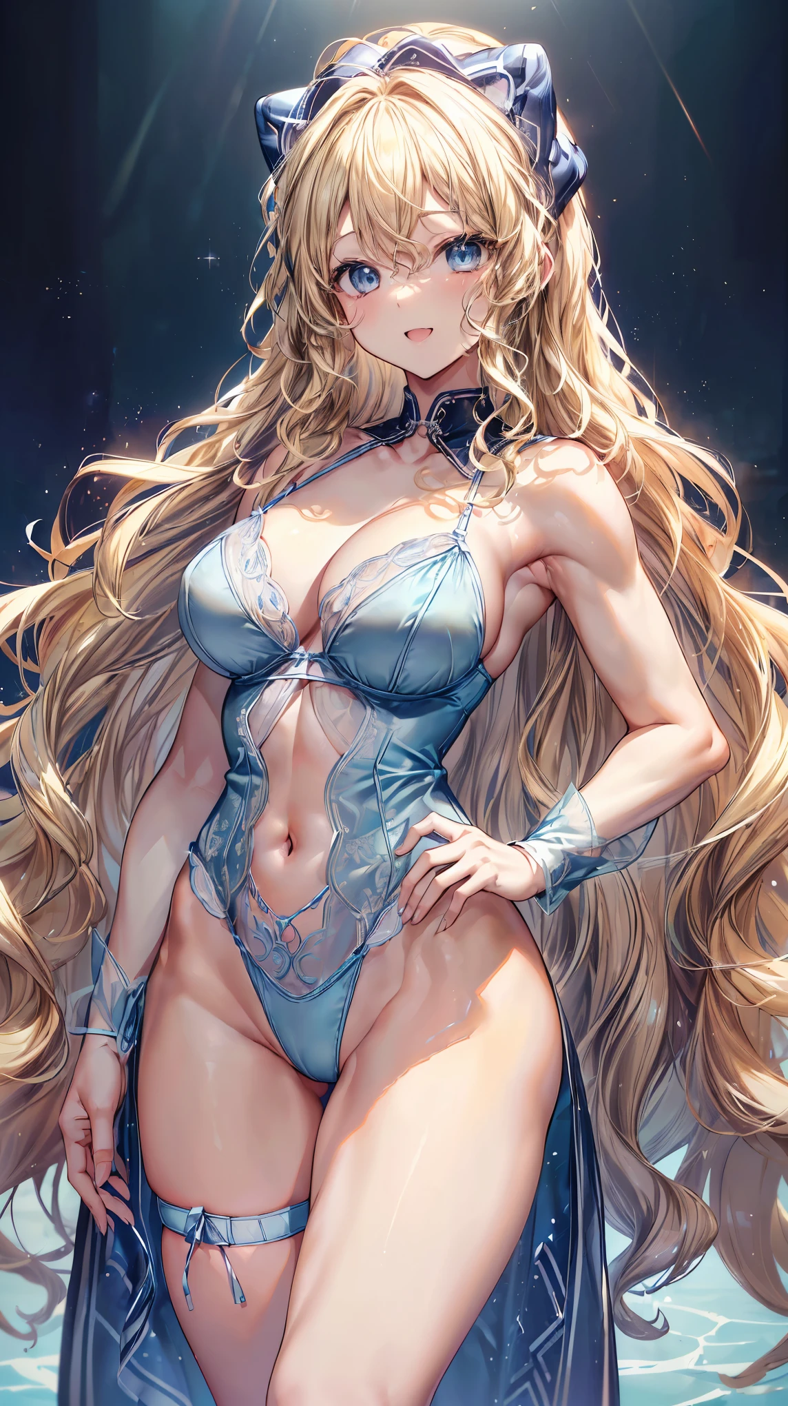 (Adult women:1.5)、Very detailed、highest quality、Best image quality、masterpiece、8k、Anime Face、A kind smile、(Open your mouth:1.3)、Sparkling blue eyes、(Blonde Wavy Hair:1.5)、、Muscles of the whole body、(High leg:1.5)、Thigh belt、(Wearing light blue lingerie:1.5)、(Cowboy Shot:1.5)、SFW Giant、(Put your hands on your hips)