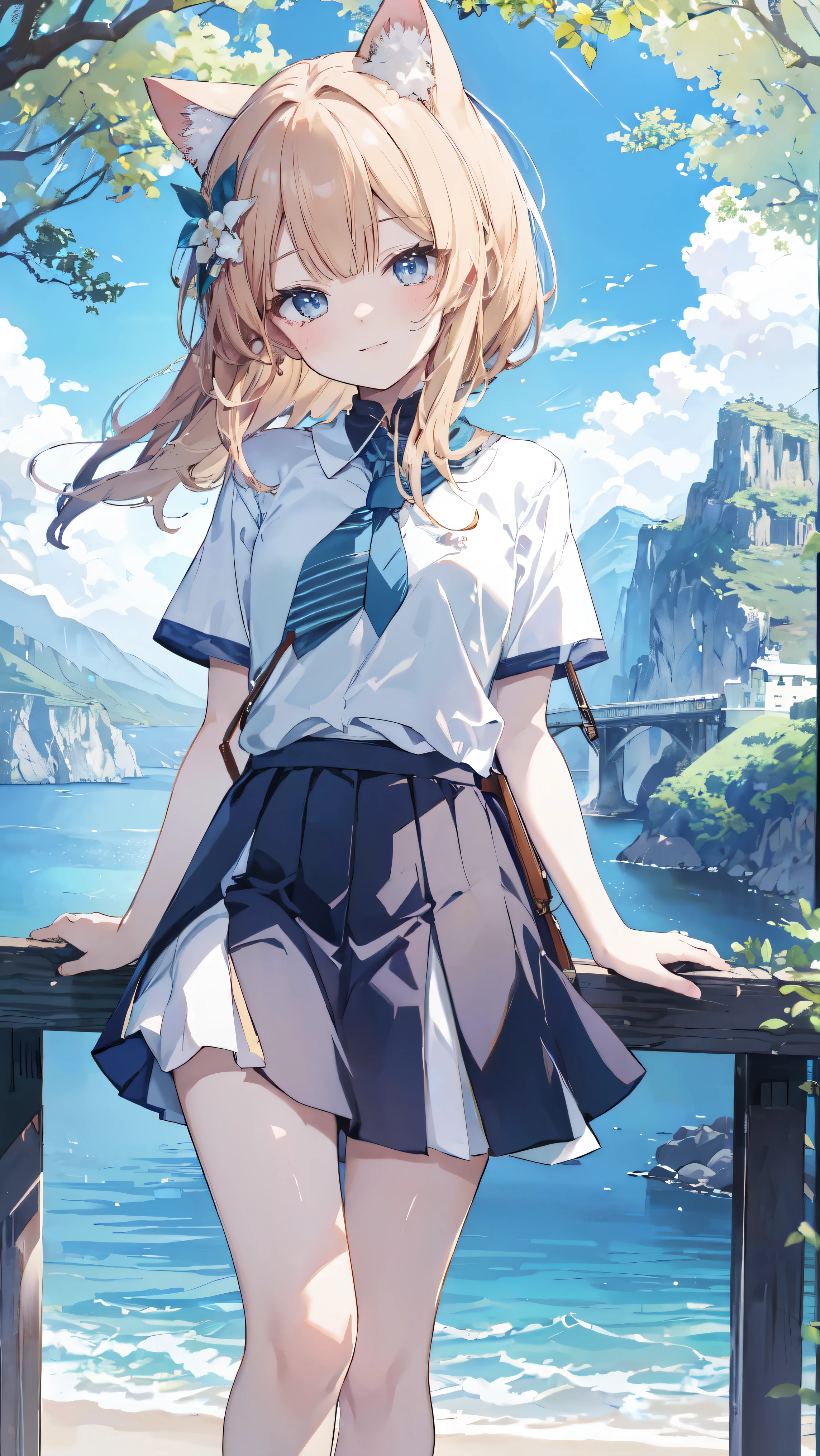 highest quality、Masterpiece、Ultra-high resolution、8k、Summer sky、early summer、((Short sleeve、Short skirt))、1 person、Soft line art、Soft drawing、Beautiful Hair、((Lori))、Clear Eyes、((Teasing Smile))、Ultra-detailed facial depiction、The gaze is directed towards us、highest quality色、Hand gestures、Angle that allows you to see all the way to your feet、Landscape with nature