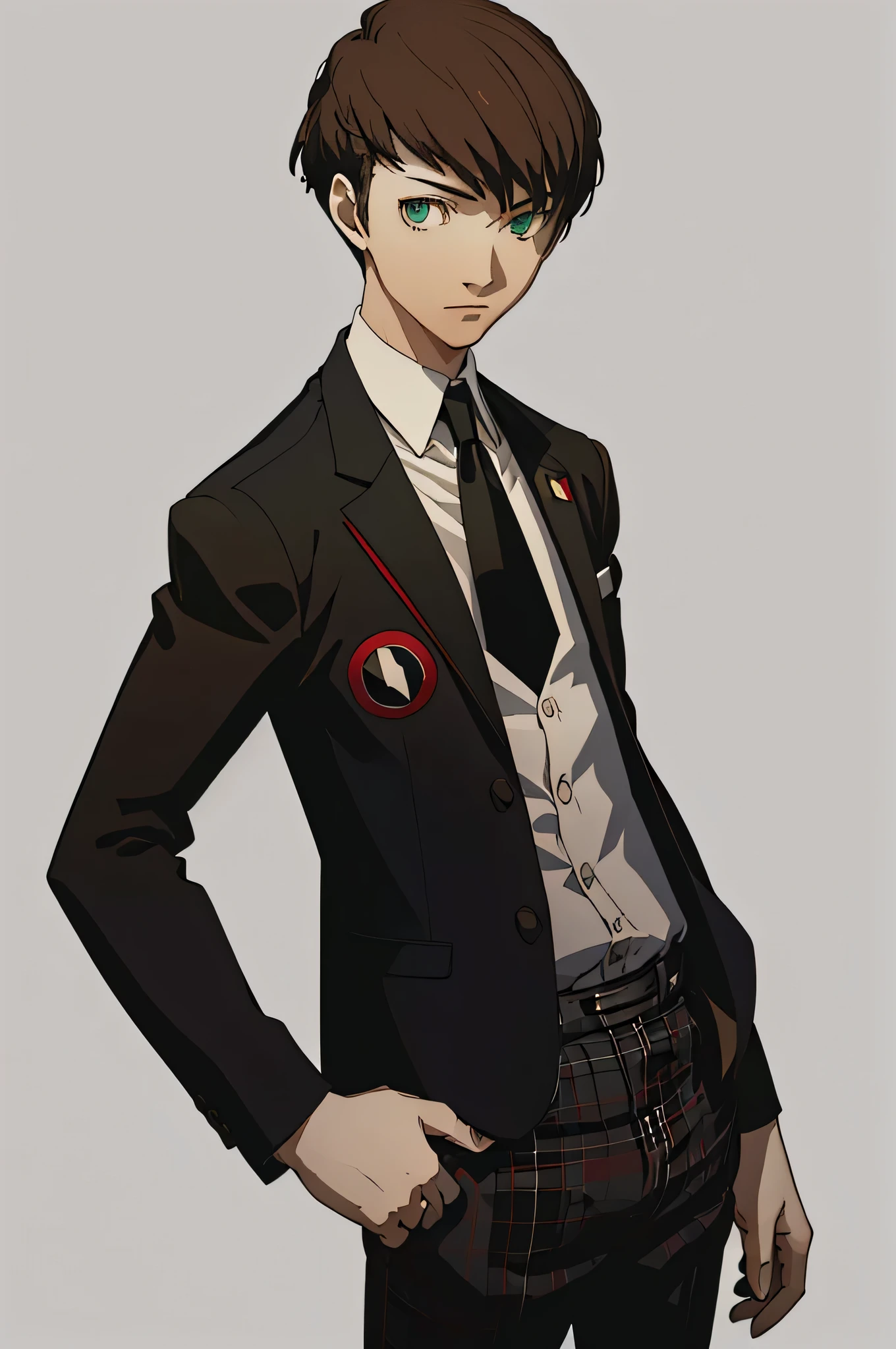 (masterpiece:1.2, best quality), 1boy, solo, upper body, portrait, green eyes, wearing a shujin Academy uniform with a black blazer and tie with red white and black plaid slacks ,mid-legnth brown hair (white background) casual pose