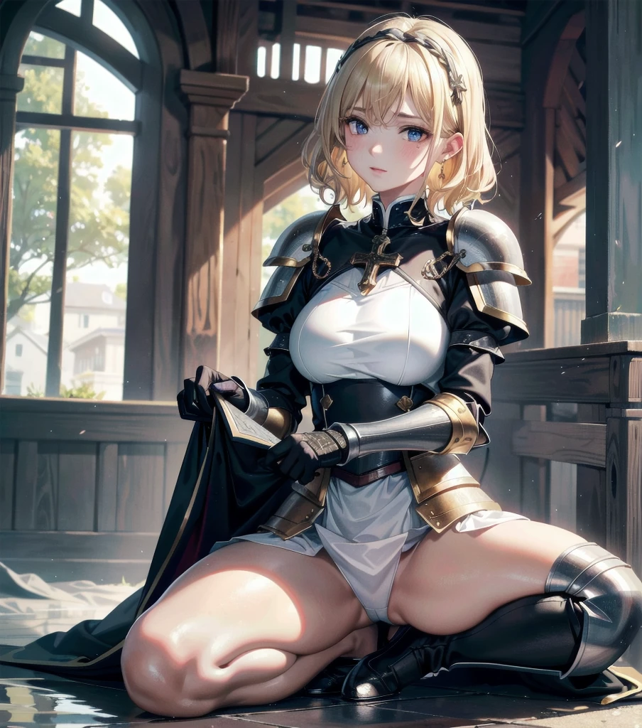 absurdres, RAW photo, extremely delicate and beautiful, masterpiece, Best Quality, ultra high resolution, 32k, hyperrealistic, ultra-detailed, 20 years old, detailed beautiful face, tearful mole, earring, very huge round breasts, short medium hair, wavy hair, wet clothes, (full body shot), alone, blonde hair, gauntlets, Joan of Arc, (surcoat), (cross armor),