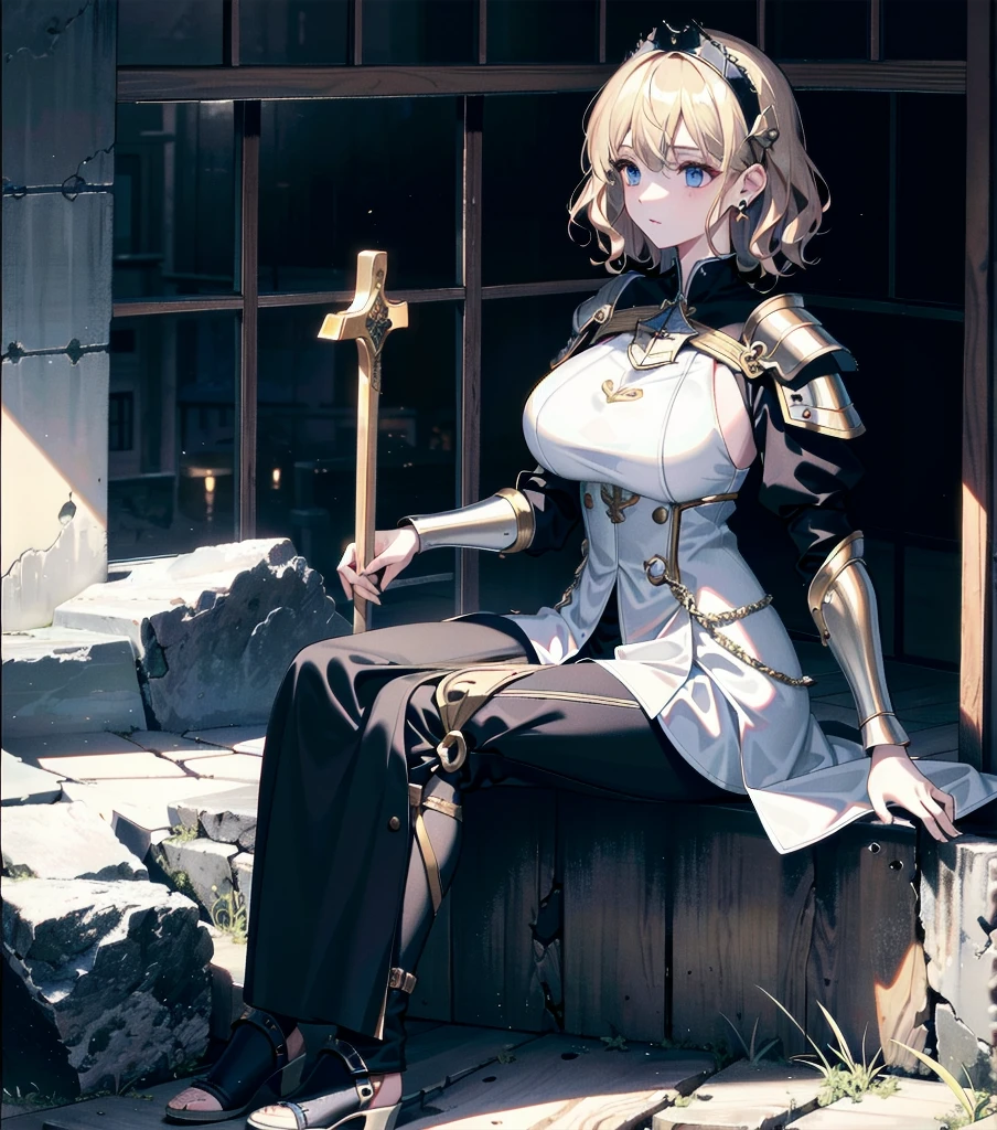 absurdres, RAW photo, extremely delicate and beautiful, masterpiece, Best Quality, ultra high resolution, 32k, hyperrealistic, ultra-detailed, 20 years old, detailed beautiful face, tearful mole, earring, very huge round breasts, short medium hair, wavy hair, wet clothes, (full body shot), alone, blonde hair, gauntlets, Joan of Arc, (surcoat), (cross armor),