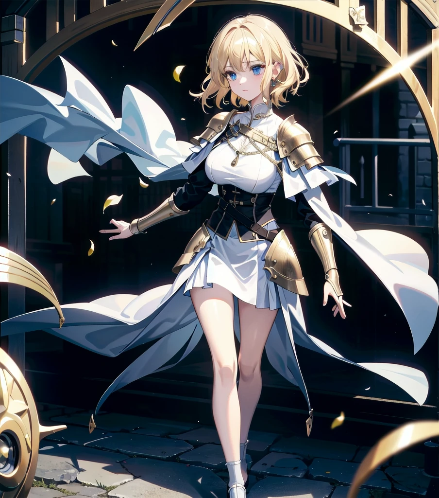absurdres, RAW photo, extremely delicate and beautiful, masterpiece, Best Quality, ultra high resolution, 32k, hyperrealistic, ultra-detailed, 20 years old, detailed beautiful face, tearful mole, earring, very huge round breasts, short medium hair, wavy hair, wet clothes, (full body shot), alone, blonde hair, gauntlets, Joan of Arc, (surcoat), (cross armor),