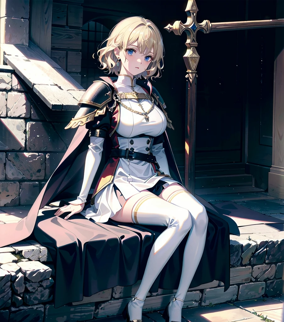 absurdres, RAW photo, extremely delicate and beautiful, masterpiece, Best Quality, ultra high resolution, 32k, hyperrealistic, ultra-detailed, 20 years old, detailed beautiful face, tearful mole, earring, very huge round breasts, short medium hair, wavy hair, wet clothes, (full body shot), alone, blonde hair, gauntlets, Joan of Arc, (surcoat), (cross armor),