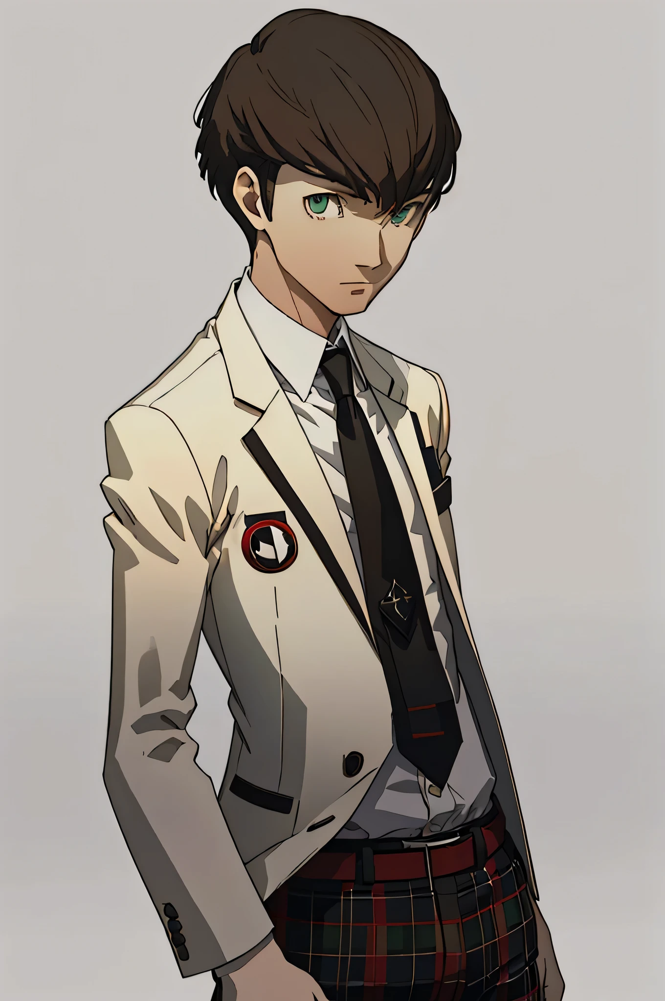 (masterpiece:1.2, best quality), 1boy, solo, upper body, portrait, green eyes, wearing a shujin Academy uniform with a black blazer and tie with red white and black plaid slacks ,mid-legnth messy brown hair (white background)