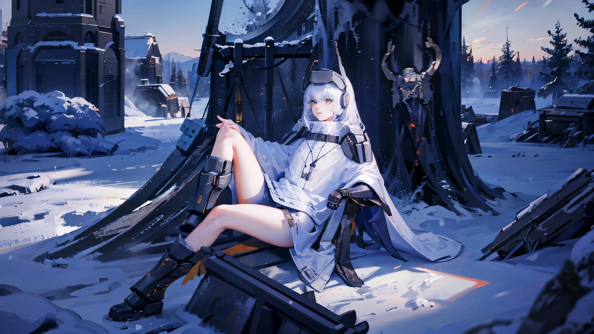 yellow eyes, white hair, ,hair reaching down to the ribs,long hair, headgear, mechanical boots, cloak, bare legs, single pauldron,1 peoson , solo , Game CG, dark fantasy, SF, focus on characters, gorgeous, full body, clear lines, best quality, detailed, detailed face, detailed hands, detailed legs, detailed human body, cool, old castle, gate, knight, guard, high place, machine life, massacre, kill, shooting stance, white anti-ship rifle, powerful, powerful, fighting, dynamic, action, fire, explosion, war, dust, blood, bloody, blood on clothes, wound, injury