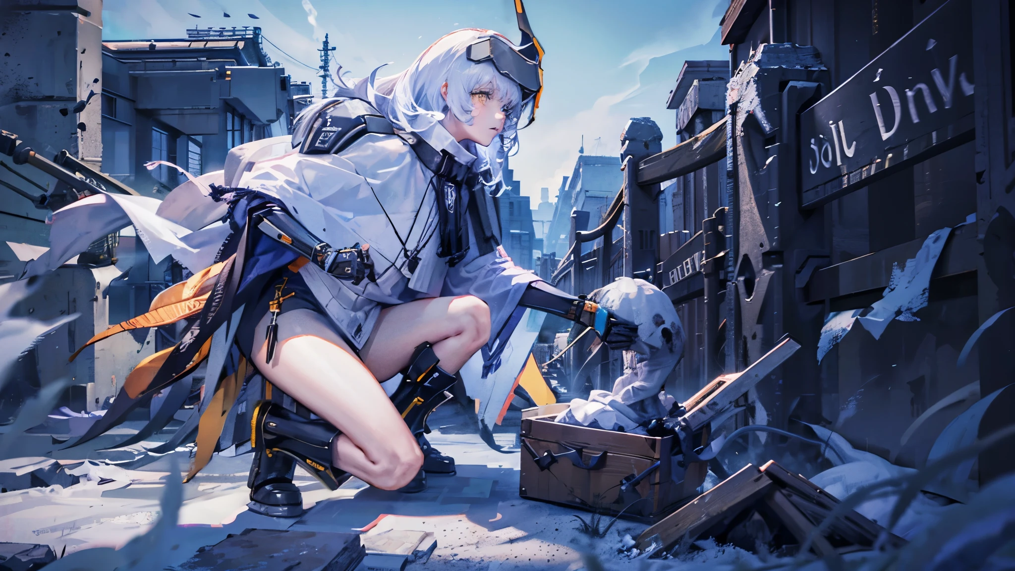 yellow eyes, white hair, ,hair reaching down to the ribs,long hair, headgear, mechanical boots, cloak, bare legs, single pauldron,1 peoson , solo , Game CG, dark fantasy, SF, focus on characters, gorgeous, full body, clear lines, best quality, detailed, detailed face, detailed hands, detailed legs, detailed human body, cool, old castle, gate, knight, guard, high place, machine life, massacre, kill, shooting stance, white anti-ship rifle, powerful, powerful, fighting, dynamic, action, fire, explosion, war, dust, blood, bloody, blood on clothes, wound, injury