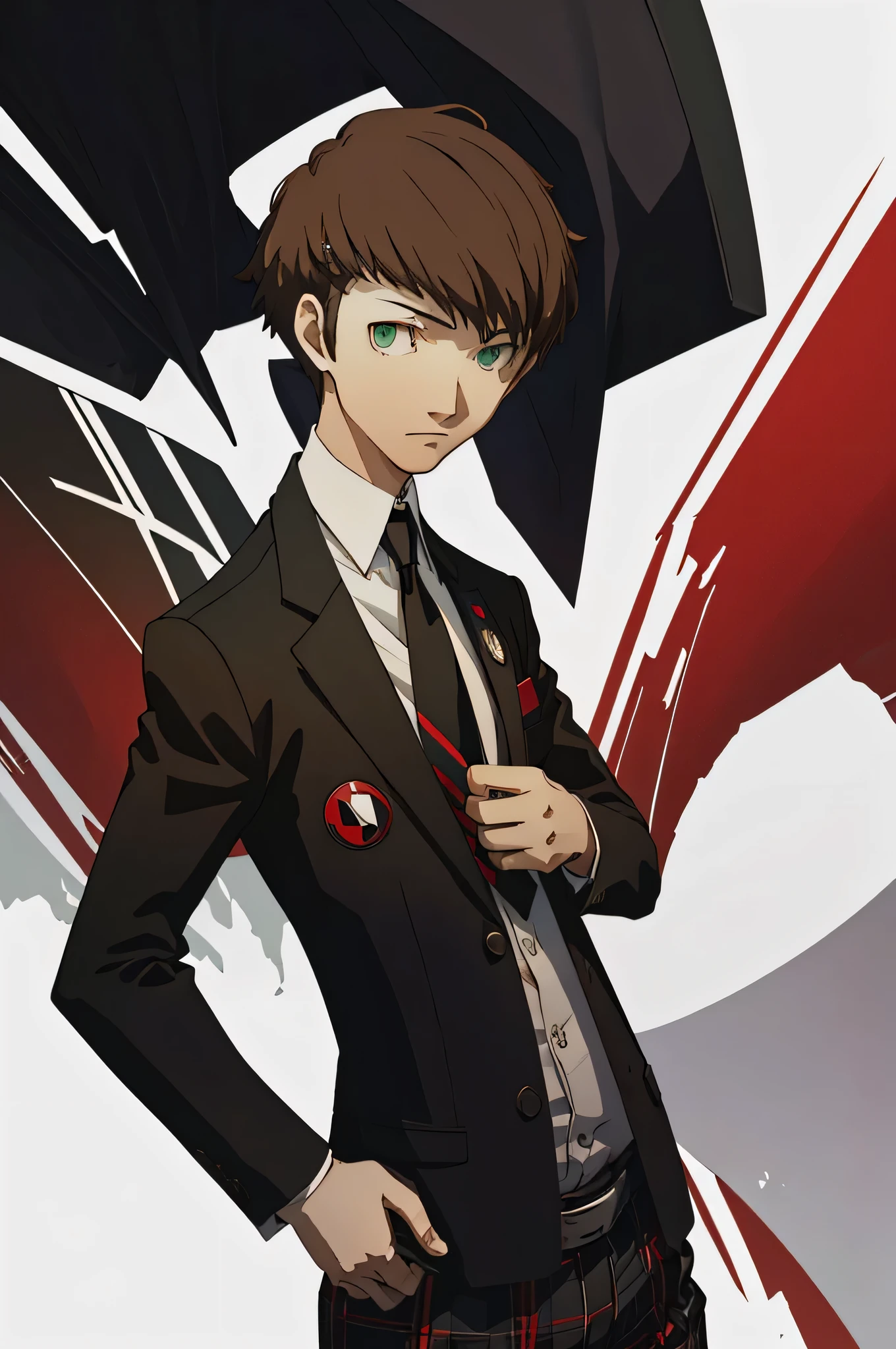 (masterpiece:1.2, best quality), 1boy, solo, fully body, portrait, green eyes, wearing a shujin Academy uniform with a black blazer and tie with red white and black plaid slacks ,mid-legnth messy brown hair (white background)