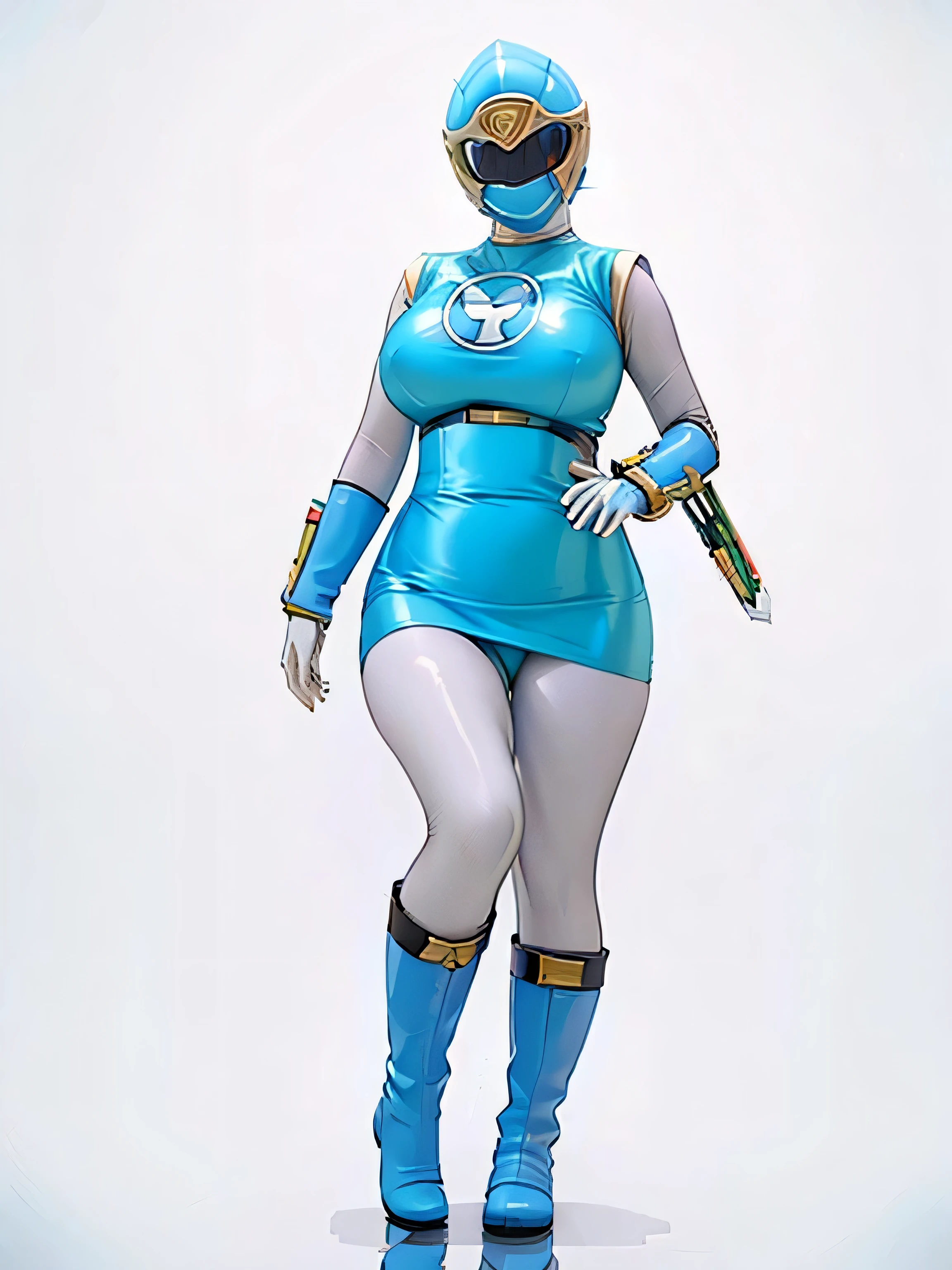 White background、hurricane blue、ninpuu sentai hurricanger、(Ultra-detailed illustration、Ultra-precision performance、masterpiece、highest quality、超High resolution、High resolution)、(Big Breasts:1.2)、Thighs、Plump body、Leg spread、Full body pink tights、Shiny clothes、boots、