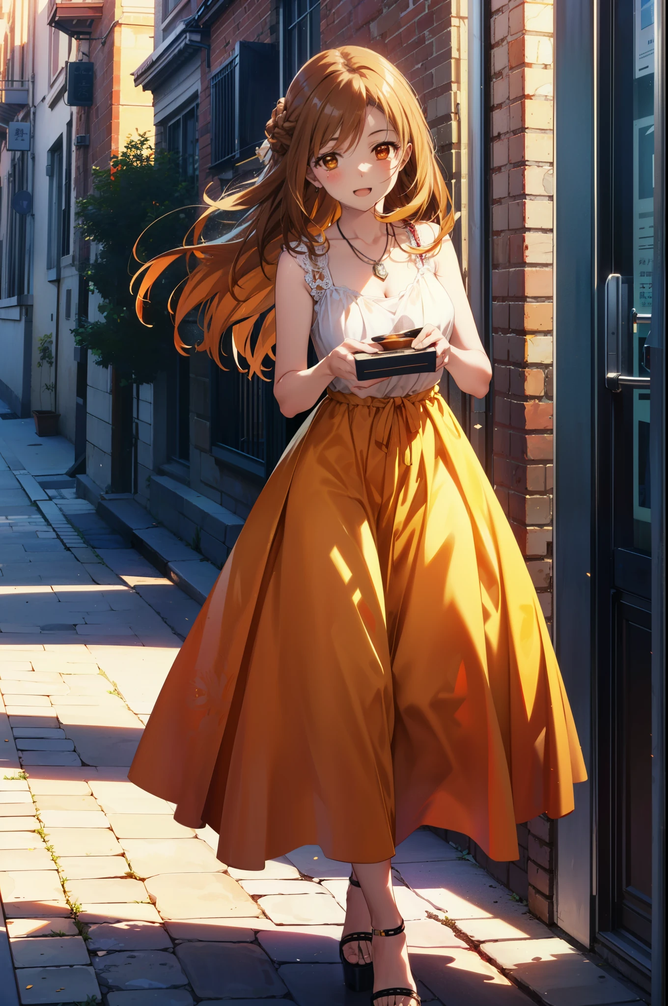 a sun ayuuki, a sun a yuuki, Long Hair, Brown Hair, (Brown eyes:1.8),happy smile, smile, Open your mouth,Locket Necklace,Red sleeveless dress,Red long skirt,Cute heeled sandals,True Summer,Daytime,Clear skies,whole bodyがイラストに入るように,
break outdoors, In town,Building district,crowd, people々々,
break looking at viewer, whole body,
break (masterpiece:1.2), highest quality, High resolution, unity 8k wallpaper, (figure:0.8), (Beautiful fine details:1.6), Highly detailed face, Perfect lighting, Highly detailed CG, (Perfect hands, Perfect Anatomy),