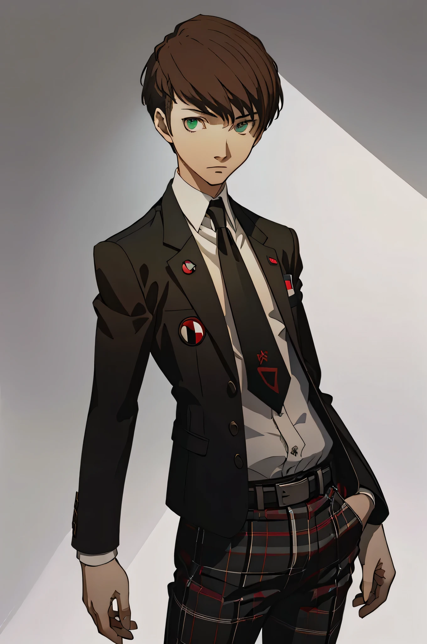 (masterpiece:1.2, best quality), 1boy, solo, fully body, portrait, green eyes, wearing a shujin Academy uniform with a black blazer and tie with red white and black plaid slacks ,mid-legnth brown hair (white background)