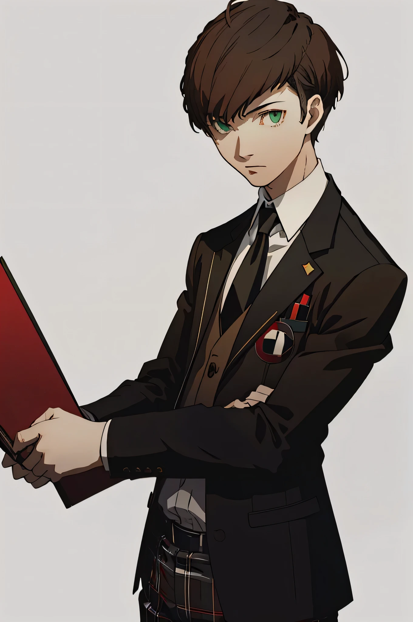 (masterpiece:1.2, best quality), 1boy, solo, fully body, portrait, green eyes, wearing a shujin Academy uniform with a black blazer and tie with red white and black plaid slacks ,short messy brown hair (white background)