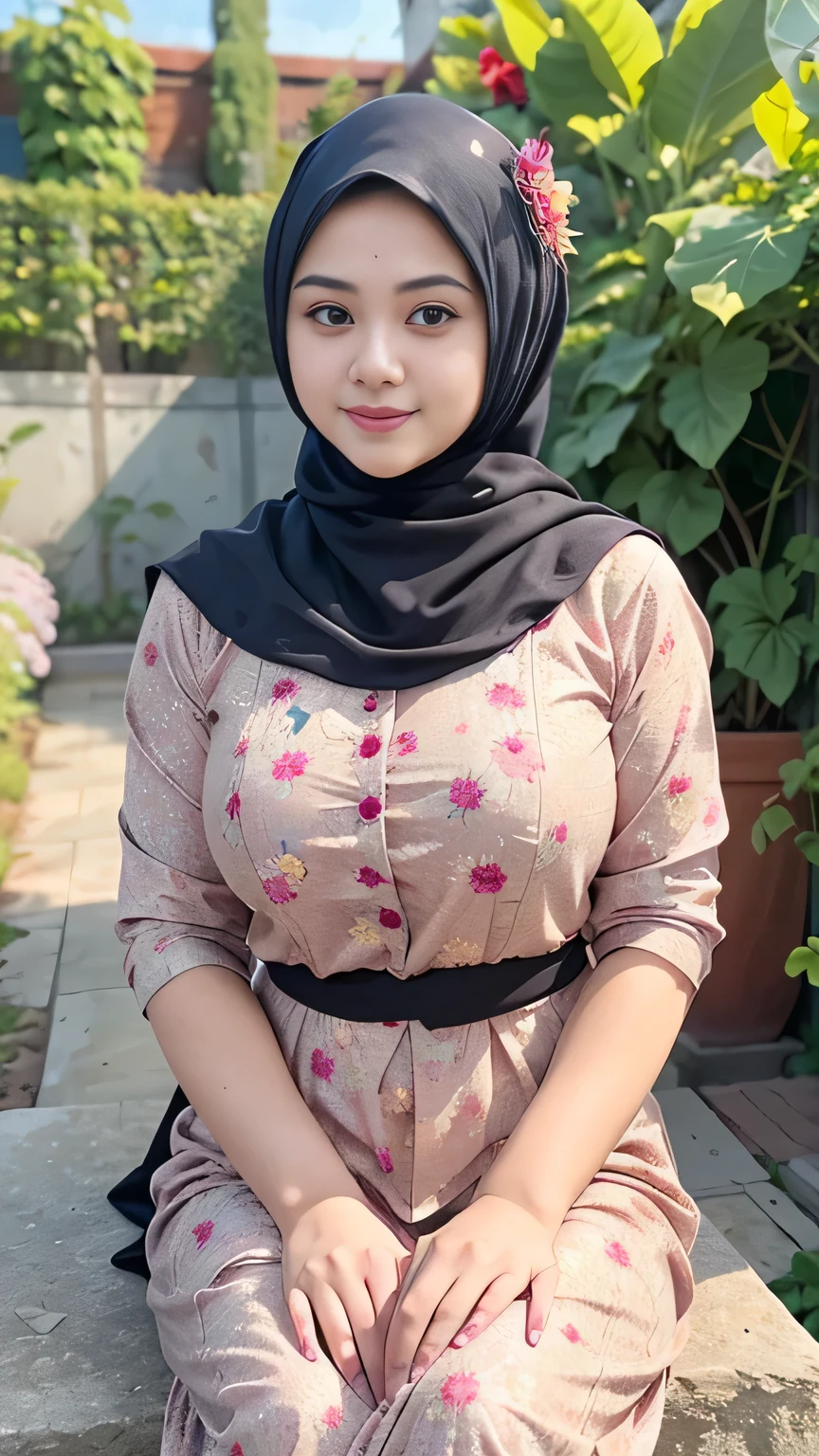 RAW, Best quality, high resolution, Masterpiece: 1.3), Beautiful Malay woman in hijab, Masterpiece, Perfect slim body, ((Big breasts)), Beautiful big eyes, water eyes, Soft smile, ((wearing tight red pastel floral malay gamis with closed hijab)), simple diamond necklace, ((closed clothes), ((polite clothes)), windy, skin details, skin texture details, wide hips, thick thighs, sexy body, morning time, laughing, happy, bright sunlight, flower garden path, blurred background, bokeh,