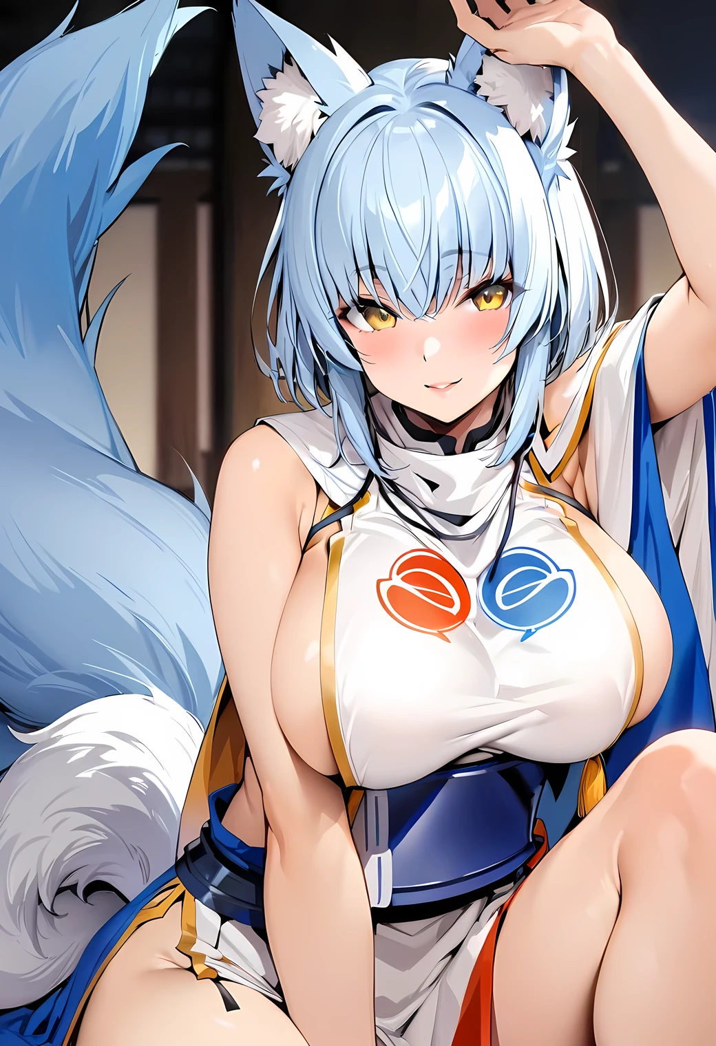 ((masterpiece,highest quality)), Perfect hands,Perfect Legs Yakumo,East, One girl, alone, Blue Hair, Blue hair, short hair, Yellow Eyes, fox tail, Tabard, alone, smile, View your viewers,Yakumo blue,strong,Large Breasts,older sister,kind,Fox Eyes,Details,