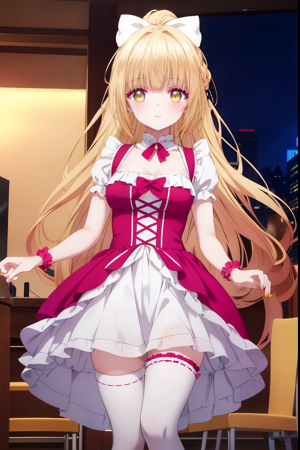 Mahiru shiina, , blonde, (Yellow Eyes:1.3)、Braided long hair,,blush,smile,Beautiful views, Attractive thighs、Beautiful bare legs, //Character
1girl,
BREAK
//Fashions 
Flirty and Fun,
This costume embraces the playful side of frilled nighty lingerie with bold colors and flirty accents, Choose a vibrant nighty lingerie piece in a bold hue such as fiery red, electric blue, or neon green, adorned with eye-catching ruffles and playful details, Pair the nighty with matching frilled thigh-high stockings or knee-high socks for added flair, 
BREAK
Add statement accessories such as oversized bows, playful hair clips, and colorful garters to elevate the fun and flirty vibe, Style your hair in playful pigtails or a high ponytail and opt for bold and colorful makeup featuring bright eyeshadow and playful lip colors for a look that’s as fun as it is stylish,
BREAK、I can see your Pantastar piece.:1.2), highest quality, High resolution, unity 8k wallpaper, (shape:0.8), (Beautiful and beautiful eyes:1.6), Highly detailed face, Perfect lighting, Highly detailed CG, (Perfect hands, Perfect Anatomy),