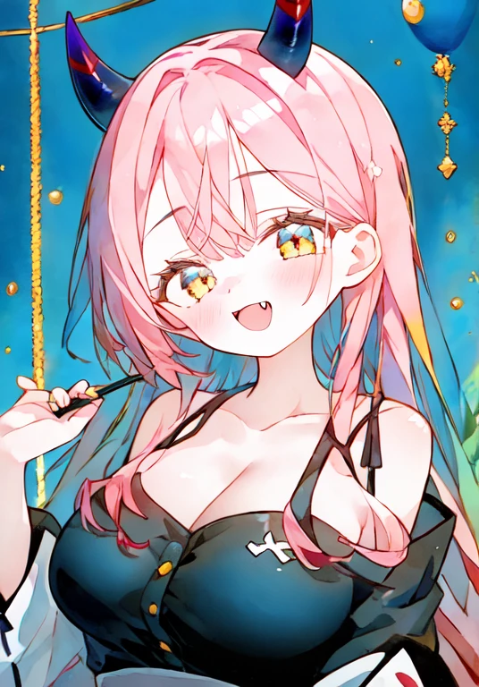 1girl, zero_two_(darling_in_the_franxx), solo, breasts, horns, long_hair, cleavage, open_mouth, looking_at_viewer, hairband, upper_body, bangs, twitter_username, large_breasts, collarbone, off_shoulder, copyright_name, bare_shoulders, pink_theme, fangs, artist_name, english_text, monochrome, character_name, straight_hair