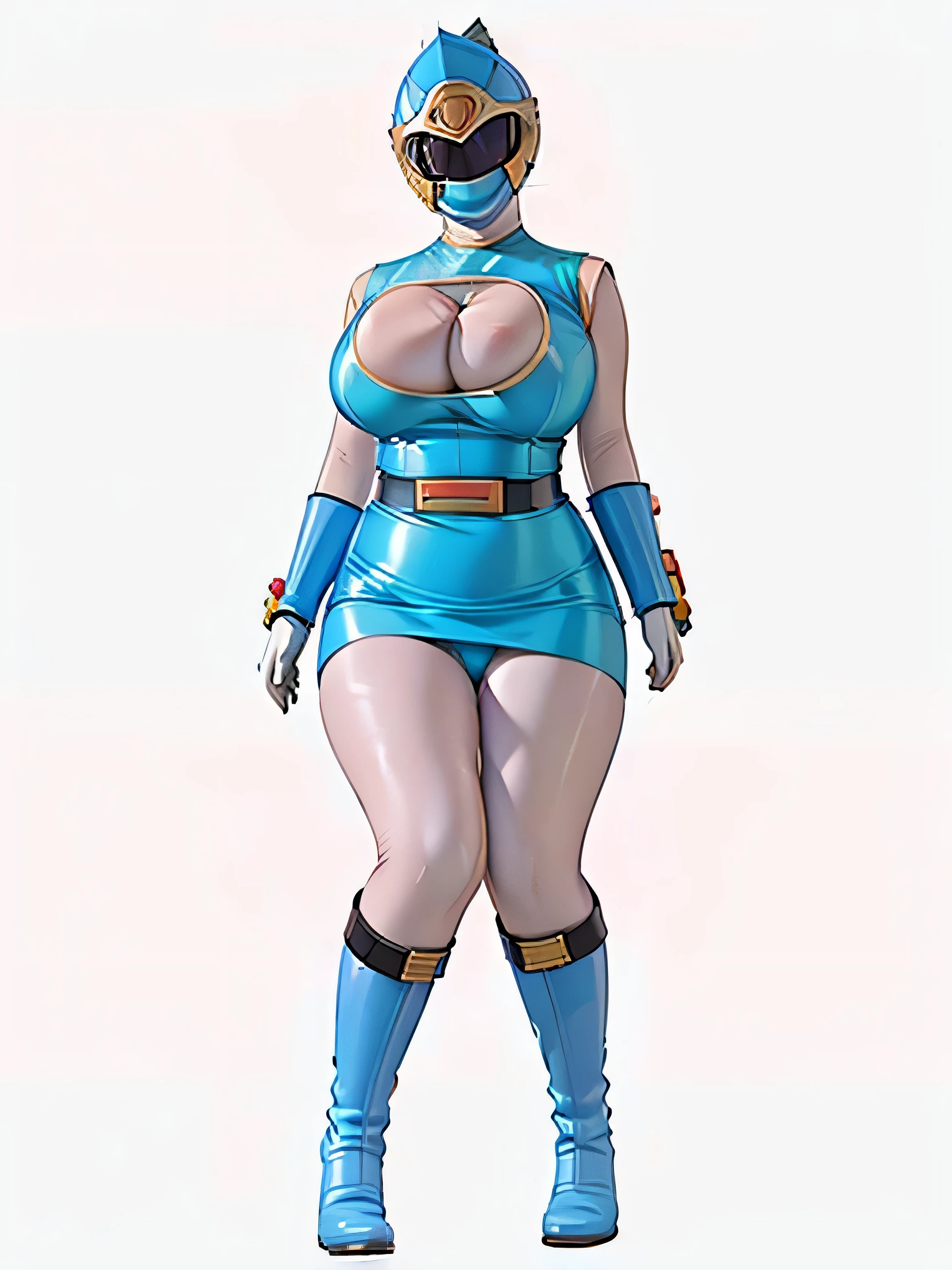 White background、hurricane blue、ninpuu sentai hurricanger、(Ultra-detailed illustration、Ultra-precision performance、masterpiece、highest quality、超High resolution、High resolution）、(Big Breasts:1.2)、Thighs、Plump body、Leg spread、((Full body pink tights))、Shiny clothes、boots、