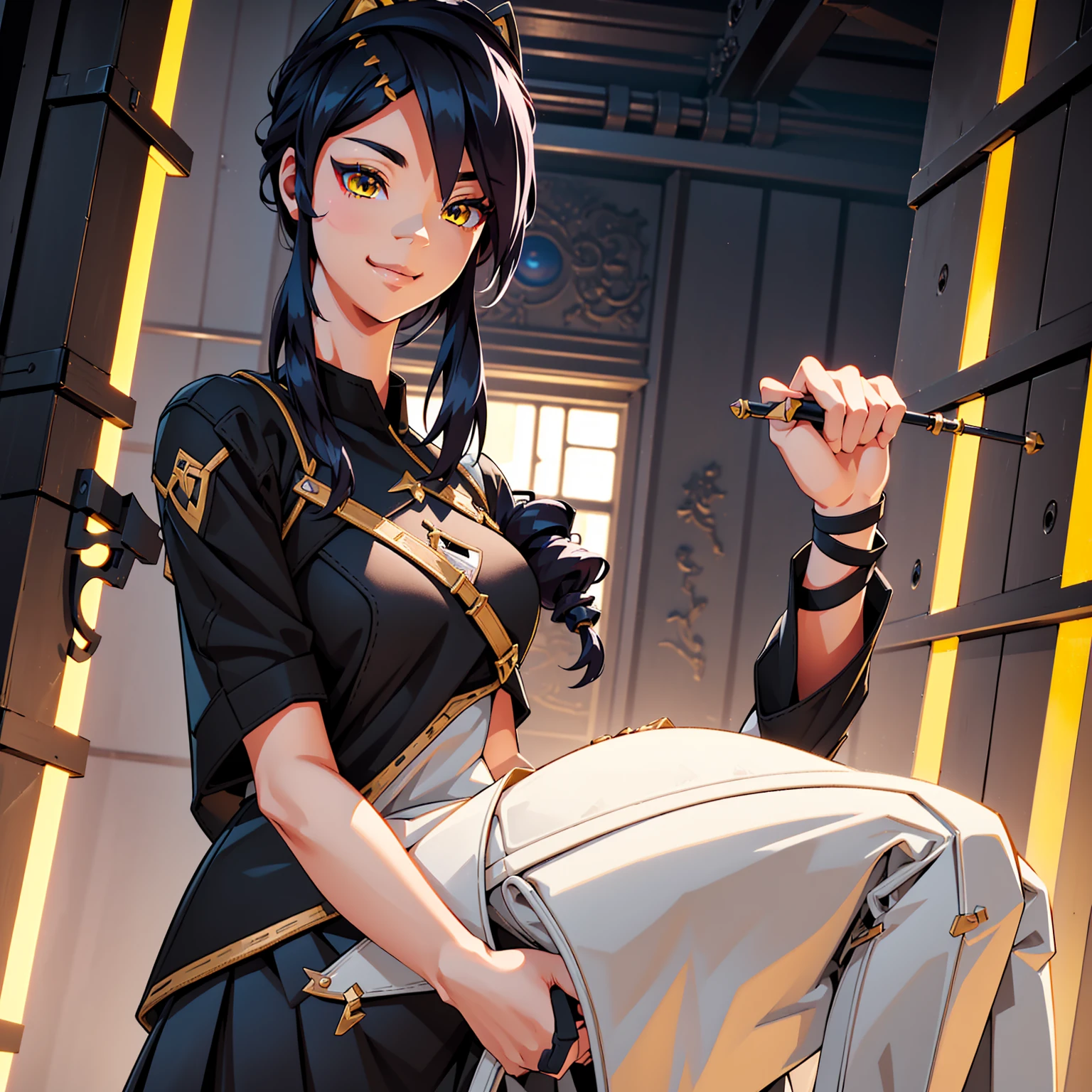 By zinfyuu on pixiv,by twistedscarlet60, uploaded on pixiv, by fluff-kevlar, (masterpiece), (best quality, solo female:1.2), (extremely detailed:1.3), (Detailed eye part: White lens, yellow iris,black cornea), tall, slim body, sweet smile, wear Black tshirt and long skirt, erisa