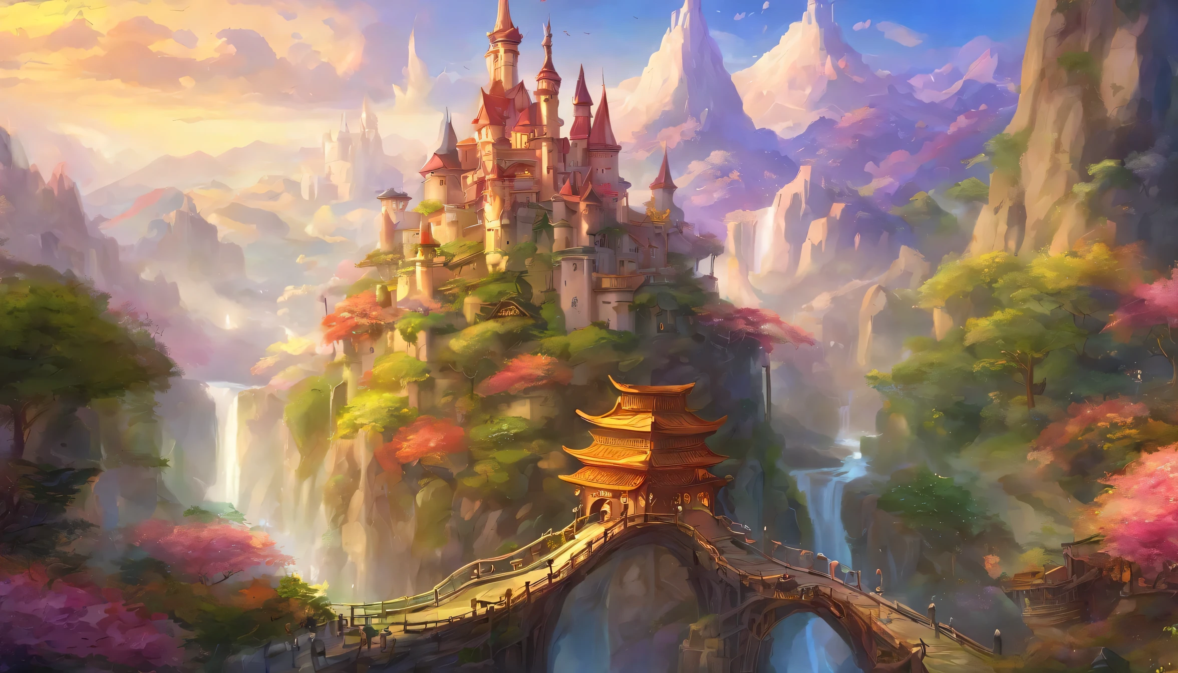 Create beautiful and realistic fantasy landscapes, ornate romantic buildings, Floating Island, crystalline waterfalls streaming from the Floating Island, A dreamy landscape with very detailed flowers and dreamy watercolors. this is (((romantic))) God's Realm. (((The castle appears to have been carved from shining marble., Clear and intricate details enhance realism.))) Cotton candy clouds、They flow like beautiful, shining stars in the colorful sky, The enchanting pink and purple celestial light creates a mesmerizing atmosphere.. Include different levels and high visual interest. The environments are vast and awe-inspiring, This is a macro shot. The overall atmosphere is peaceful, Tranquility, And very detailed sweetness. With colors that complement the rest of the landscape、Incorporating interesting fantasy elements. The sky needs to be very detailed.. The landscape must be very detailed.. All buildings must be intricately and elaborately decorated.. Creates a bright and magical atmosphere, Magic Bubbles, Sparkling colors, Many small fantasy details including the irises, A magnificently crafted landscape, Shining and shining. Lots of vibrant colors and slightly surreal details. camera: Use dynamic composition to generate interest and excitement. CG, Unreal Engine, Unity Engine, (((masterpiece))), High resolution, 8k, 最high quality, high quality, High resolution, , boultra High resolution, Super detailed, In detail, Very delicate and beautiful, Very detailed, True Shadow, anime, Very detailed drawing, Award-winning and captivating paintings, Great painting, Art Style, Stylized