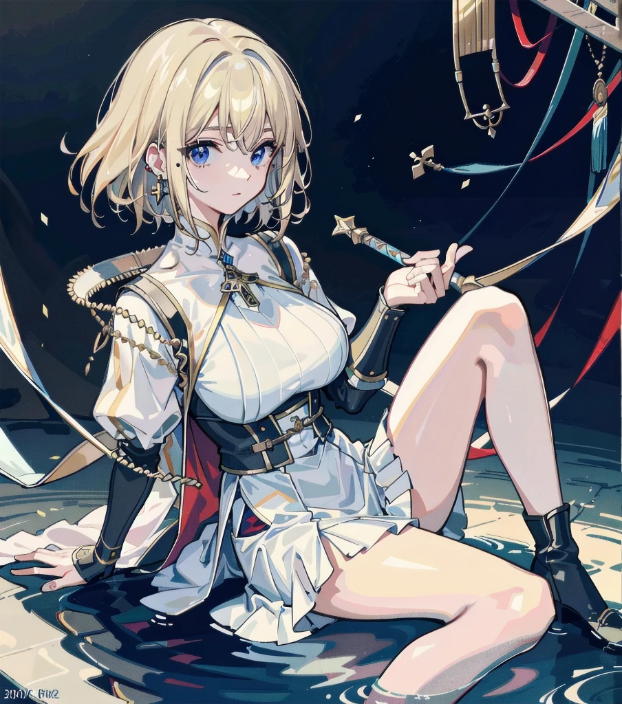 absurdres, RAW photo, extremely delicate and beautiful, masterpiece, Best Quality, ultra high resolution, 32k, hyperrealistic, ultra-detailed, 20 years old, detailed beautiful face, tearful mole, earring, very huge round breasts, short medium hair, wavy hair, wet clothes, (full body shot), alone, blonde hair, gauntlets, Joan of Arc, (surcoat), (cross armor),