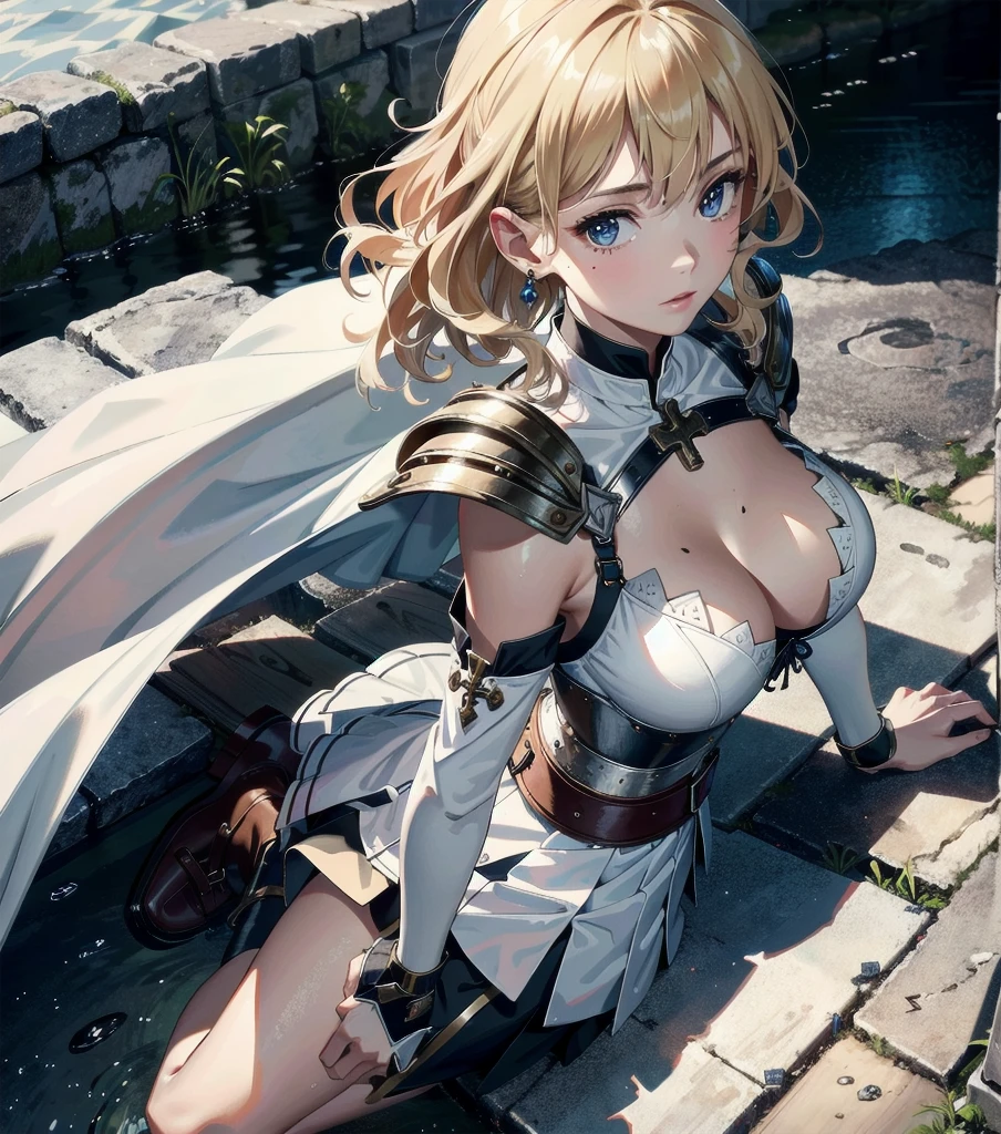 absurdres, RAW photo, extremely delicate and beautiful, masterpiece, Best Quality, ultra high resolution, 32k, hyperrealistic, ultra-detailed, 20 years old, detailed beautiful face, tearful mole, earring, very huge round breasts, short medium hair, wavy hair, wet clothes, (full body shot), alone, blonde hair, gauntlets, Joan of Arc, (surcoat), (cross armor),