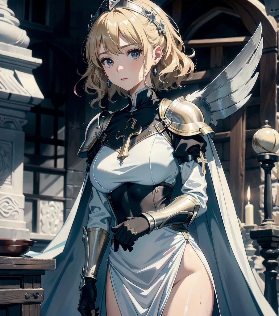 A 25-year-old female adventurer named Arianna Silverlace. She stands at 176cm tall with blonde, asymmetrical short hair, some of which is braided. Arianna is wearing intricate silver armor adorned with complex patterns, reflecting an ancient magical civilization's influence. Her hair is styled in a unique, asymmetrical short cut, with some sections braided intricately. Her personality is free-spirited and courageous, with a strong sense of justice and a commitment to protecting the weak. She carries herself with confidence and strength, embodying the spirit of a seasoned warrior and explorer. Her eyes are sharp and determined, suggesting a readiness for any challenge. The background should depict an adventurous setting, such as ancient ruins or a mystical forest, to emphasize her role as an intrepid explorer. She is equipped with a sword and appears ready for action.