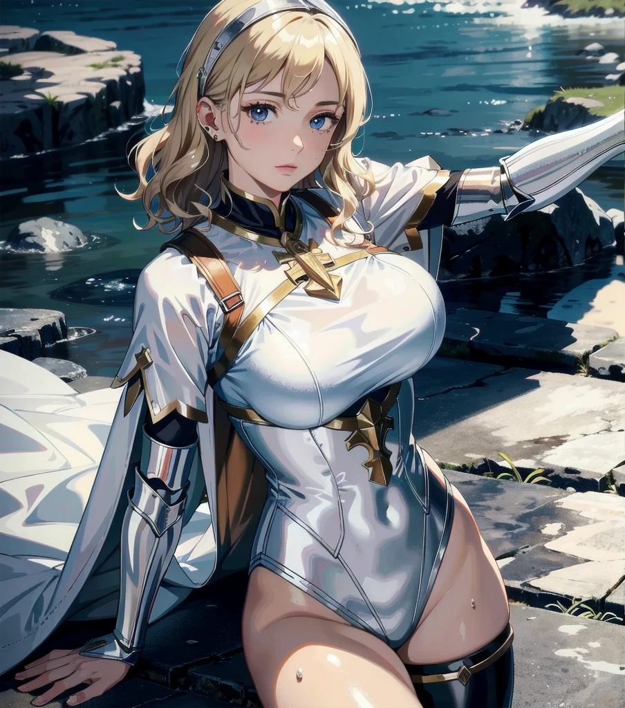absurdres, RAW photo, extremely delicate and beautiful, masterpiece, Best Quality, ultra high resolution, 32k, hyperrealistic, ultra-detailed, 20 years old, detailed beautiful face, tearful mole, earring, very huge round breasts, short medium hair, wavy hair, wet clothes, (full body shot), alone, blonde hair, gauntlets, Joan of Arc, (surcoat), (cross armor),