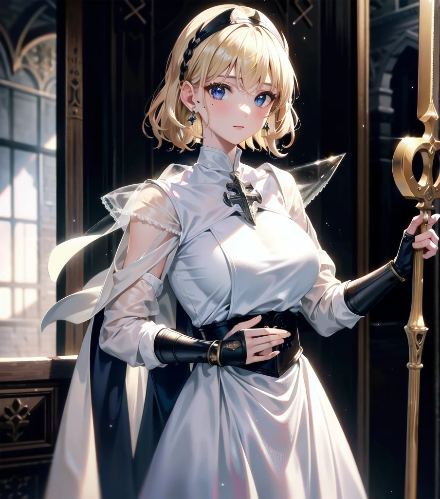 absurdres, RAW photo, extremely delicate and beautiful, masterpiece, Best Quality, ultra high resolution, 32k, hyperrealistic, ultra-detailed, 20 years old, detailed beautiful face, tearful mole, earring, very huge round breasts, short medium hair, wavy hair, wet clothes, (full body shot), alone, blonde hair, gauntlets, Joan of Arc, (surcoat), (cross armor),