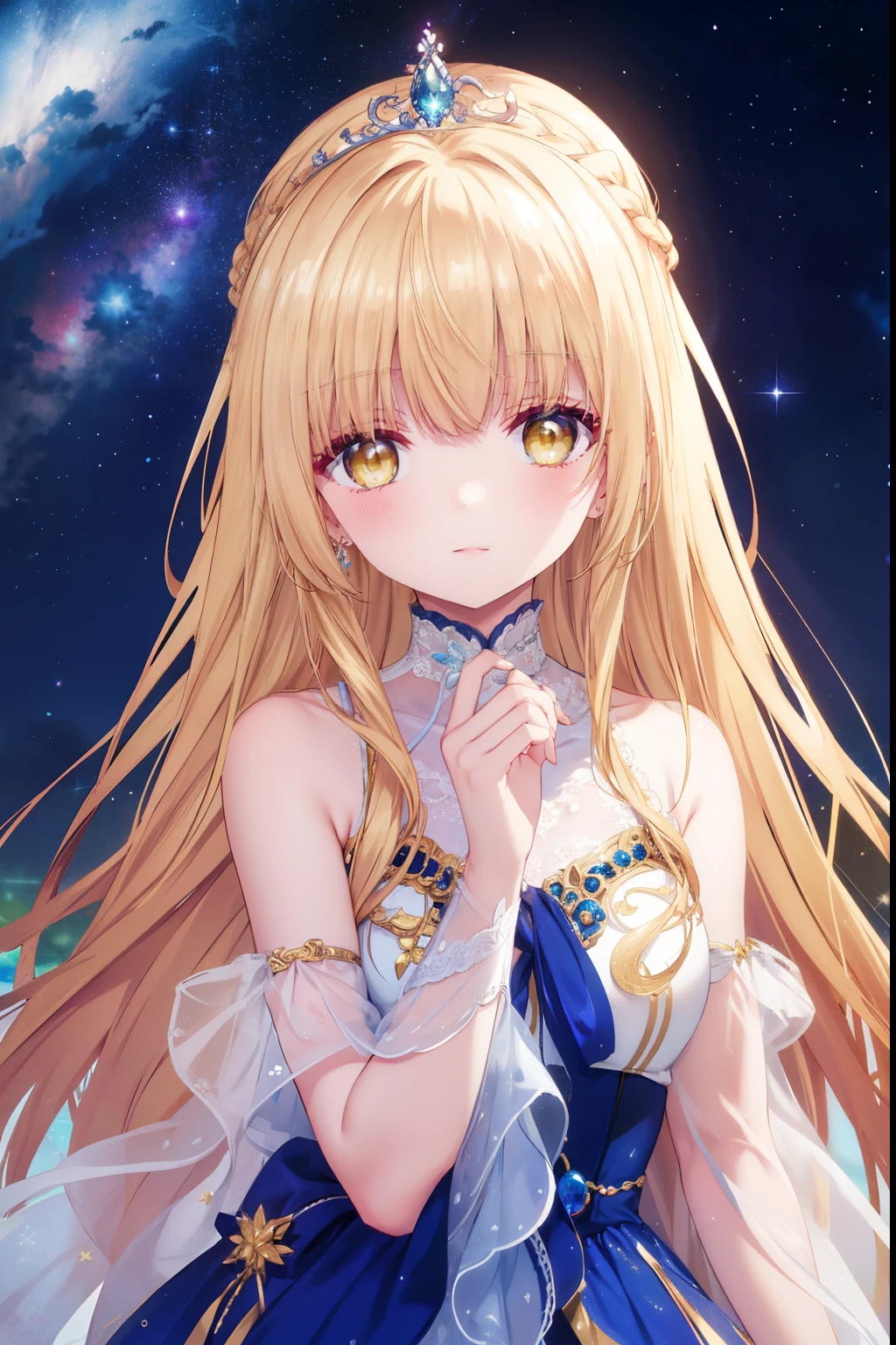Mahiru shiina, , blonde, (Yellow Eyes:1.3)、Braided long hair,,blush,smile,Beautiful views, Attractive thighs、Beautiful bare legs, //Character
1girl,
BREAK
//Fashions
Celestial Goddess,
Inspired by the beauty and majesty of the cosmos, this costume exudes ethereal elegance and celestial charm, The ensemble features a flowing gown in shimmering shades of midnight blue, purple, or silver, reminiscent of the starry night sky, The gown is adorned with glittering sequins, beads, and celestial motifs, evoking the splendor of distant galaxies and constellations,
BREAK
Pair the gown with delicate celestial accessories such as a sparkling tiara or a crescent moon necklace, adding a touch of celestial magic to the ensemble, Complete the look with flowing hair styled in loose waves or intricate braids, reminiscent of a celestial goddess descending from the heavens, This costume is perfect for fantasy-themed events, cosmic masquerades, or anyone who wants to shine like a star,
BREAK、I can see your Pantastar piece.:1.2), highest quality, High resolution, unity 8k wallpaper, (shape:0.8), (Beautiful and beautiful eyes:1.6), Highly detailed face, Perfect lighting, Highly detailed CG, (Perfect hands, Perfect Anatomy),