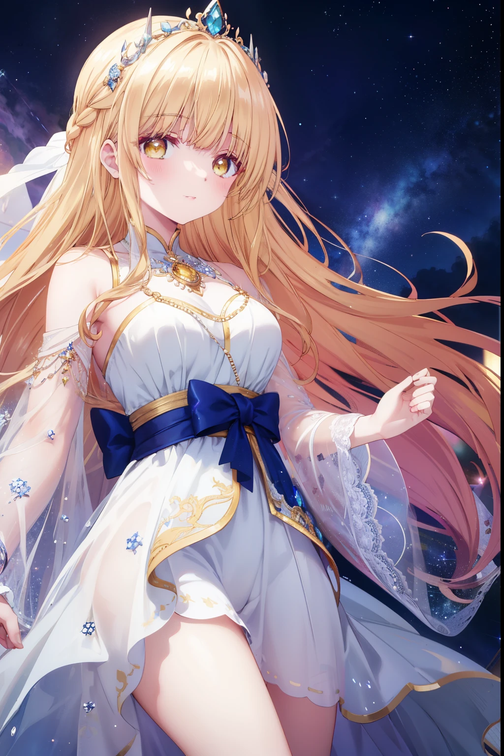 Mahiru shiina, , blonde, (Yellow Eyes:1.3)、Braided long hair,,blush,smile,Beautiful views, Attractive thighs、Beautiful bare legs, //Character
1girl,
BREAK
//Fashions
Celestial Goddess,
Inspired by the beauty and majesty of the cosmos, this costume exudes ethereal elegance and celestial charm, The ensemble features a flowing gown in shimmering shades of midnight blue, purple, or silver, reminiscent of the starry night sky, The gown is adorned with glittering sequins, beads, and celestial motifs, evoking the splendor of distant galaxies and constellations,
BREAK
Pair the gown with delicate celestial accessories such as a sparkling tiara or a crescent moon necklace, adding a touch of celestial magic to the ensemble, Complete the look with flowing hair styled in loose waves or intricate braids, reminiscent of a celestial goddess descending from the heavens, This costume is perfect for fantasy-themed events, cosmic masquerades, or anyone who wants to shine like a star,
BREAK、I can see your Pantastar piece.:1.2), highest quality, High resolution, unity 8k wallpaper, (shape:0.8), (Beautiful and beautiful eyes:1.6), Highly detailed face, Perfect lighting, Highly detailed CG, (Perfect hands, Perfect Anatomy),