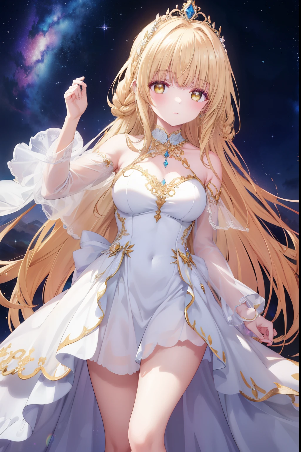 Mahiru shiina, , blonde, (Yellow Eyes:1.3)、Braided long hair,,blush,smile,Beautiful views, Attractive thighs、Beautiful bare legs, //Character
1girl,
BREAK
//Fashions
Celestial Goddess,
Inspired by the beauty and majesty of the cosmos, this costume exudes ethereal elegance and celestial charm, The ensemble features a flowing gown in shimmering shades of midnight blue, purple, or silver, reminiscent of the starry night sky, The gown is adorned with glittering sequins, beads, and celestial motifs, evoking the splendor of distant galaxies and constellations,
BREAK
Pair the gown with delicate celestial accessories such as a sparkling tiara or a crescent moon necklace, adding a touch of celestial magic to the ensemble, Complete the look with flowing hair styled in loose waves or intricate braids, reminiscent of a celestial goddess descending from the heavens, This costume is perfect for fantasy-themed events, cosmic masquerades, or anyone who wants to shine like a star,
BREAK、I can see your Pantastar piece.:1.2), highest quality, High resolution, unity 8k wallpaper, (shape:0.8), (Beautiful and beautiful eyes:1.6), Highly detailed face, Perfect lighting, Highly detailed CG, (Perfect hands, Perfect Anatomy),