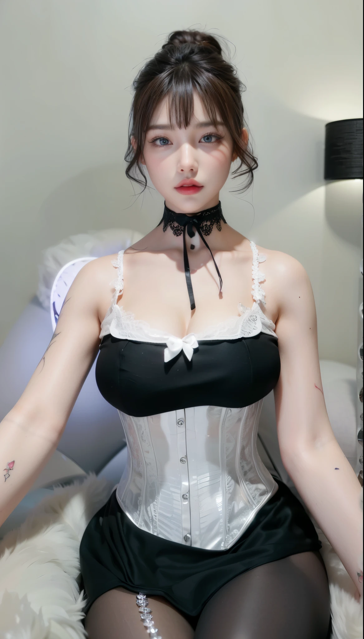 Game Art，Best image quality，Maximum resolution，8k，(A half-length photo)，(portrait)，(Head close-up)，(Rule of Thirds)，Unreal Engine 5 rendering works，20 year old girl，((Queen))，The eyes are very detailed，(Large Breasts)，Elegant and noble，Movie Lighting，Ray Tracing，Game CG，((3D Unreal Engine))，OC rendering reflection mode，4K，Ultra-clear，Sensual，Translucent lace，Fair and plump figure，Pretty Face，Glossy Gel Coat，身着华贵礼服的Queen，Crystal Gem Crown，Necklace jewelry，blue eyes，Black tattoo(whole body)，The tattoo is very three-dimensional，Gorgeous and intricate tattoo designs，Ultra-clear portrait，Sexy thick lips(Red lipstick)，Tattoos，The facial details are very delicate，Wear black pantyhose，