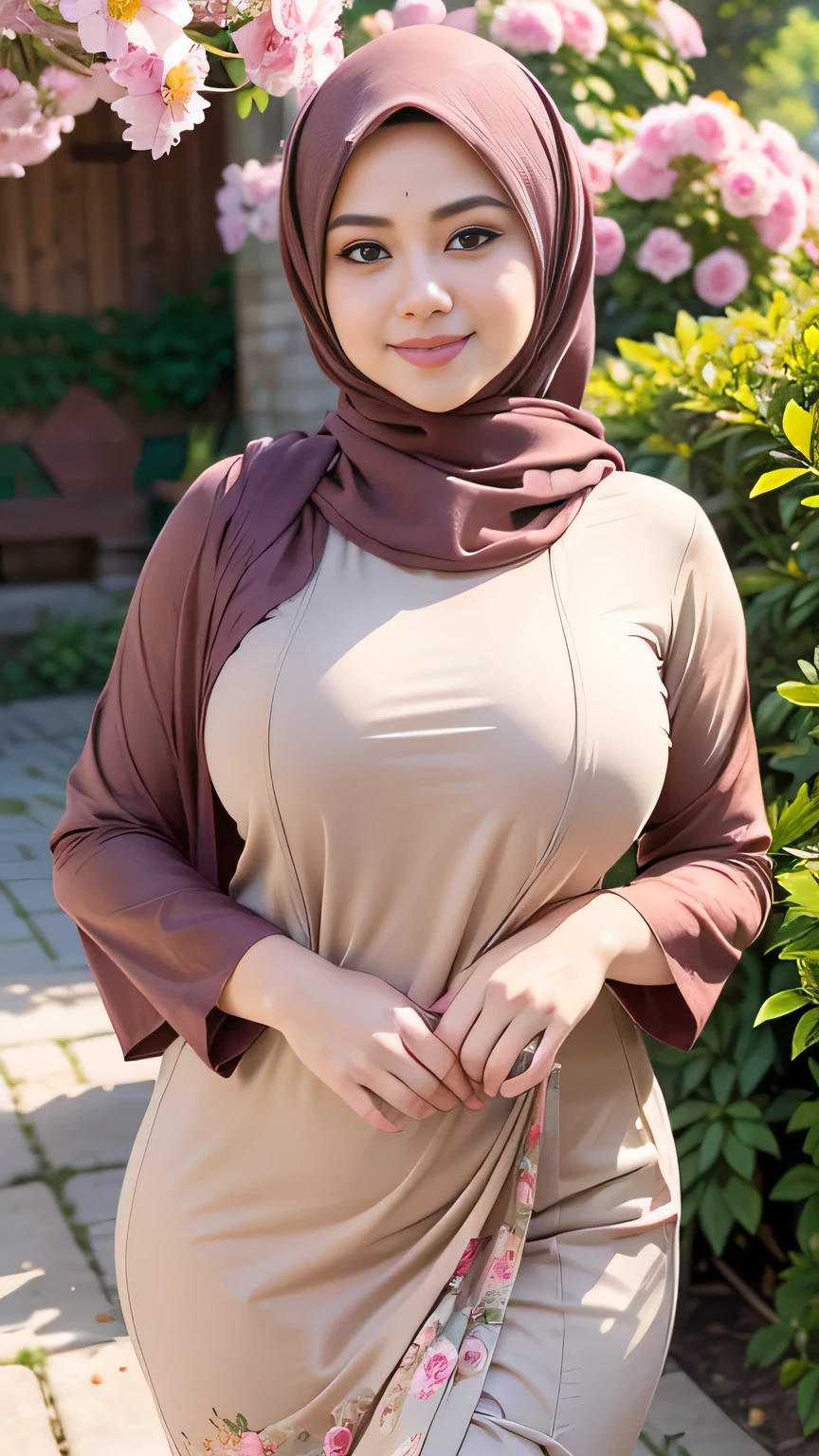 RAW, Best quality, high resolution, Masterpiece: 1.3), Beautiful Malay woman in hijab, Masterpiece, Perfect slim body, ((Big breasts)), Beautiful big eyes, water eyes, Soft smile, ((wearing tight red pastel floral malay gamis with closed hijab)), simple diamond necklace, ((closed clothes), ((polite clothes)), windy, skin details, skin texture details, wide hips, thick thighs, sexy body, morning time, laughing, happy, bright sunlight, flower garden path, blurred background, bokeh,