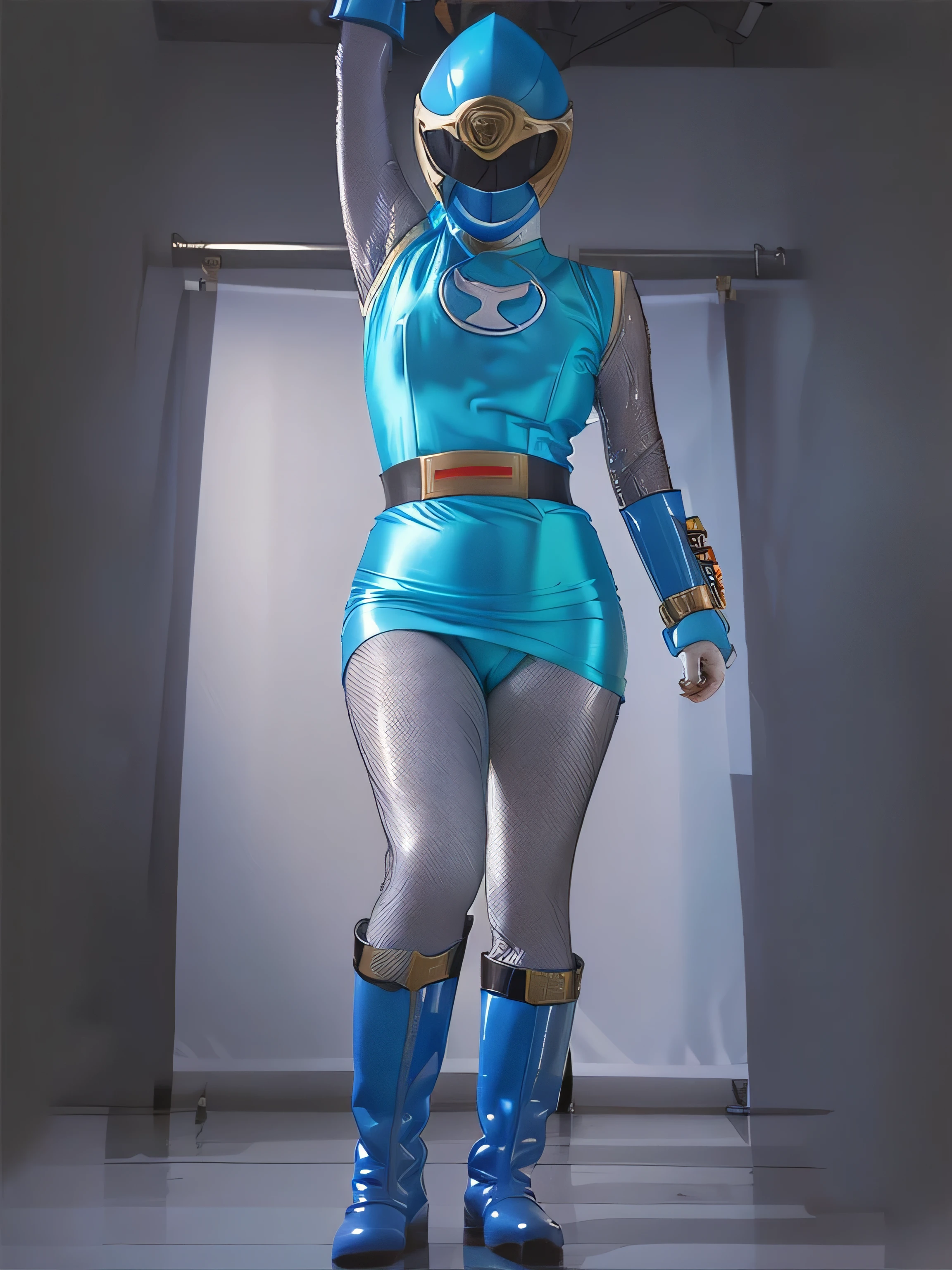White background、hurricane blue、ninpuu sentai hurricanger、(Ultra-detailed illustration、Ultra-precision performance、masterpiece、highest quality、超High resolution、High resolution)、(Big Breasts:1.2)、Thighs、Plump body、Leg spread、tights、Shiny clothes、boots、