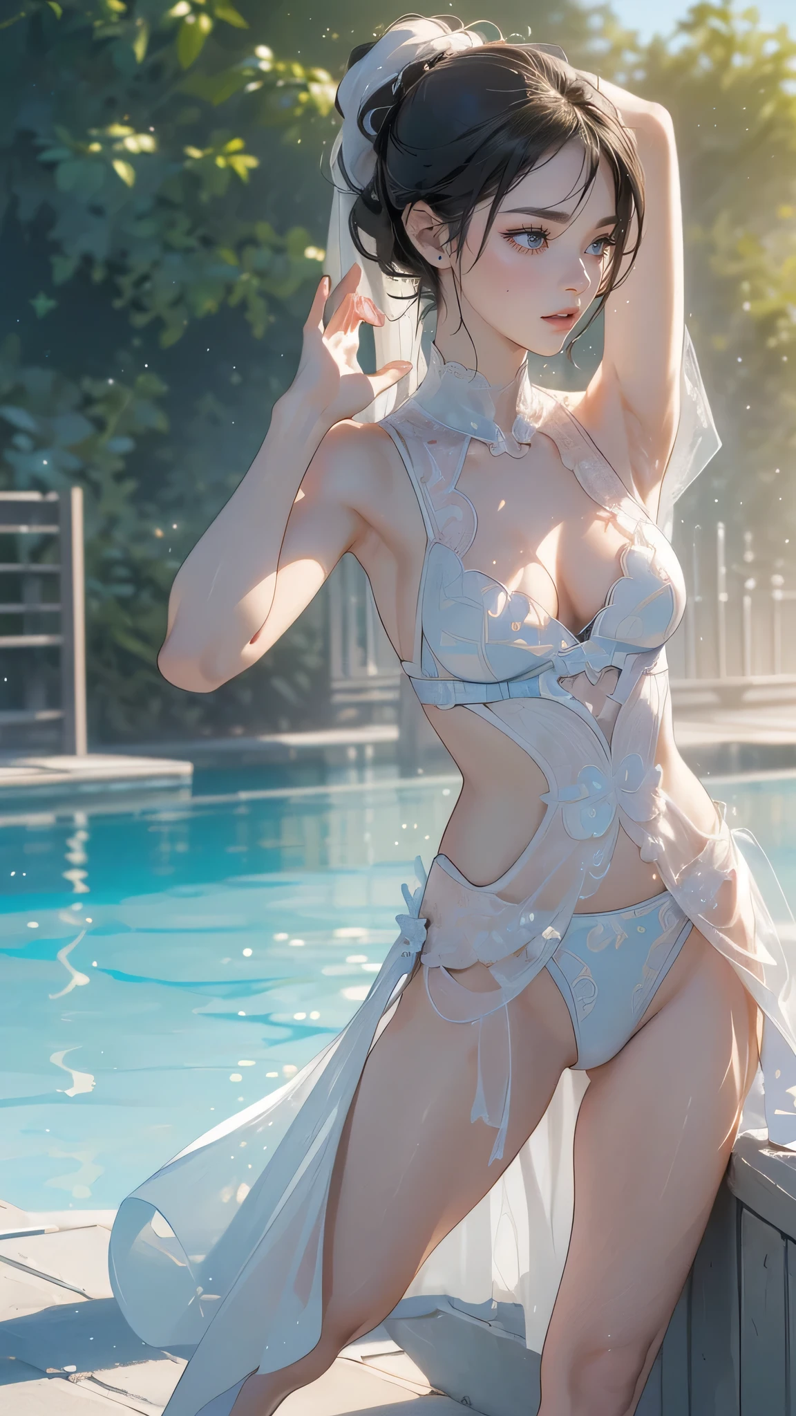 pool side,(random Active pose:1.8),embroidered rash guard,(Thin type:1.8),(large breasts:1.5),(random hairstyle),(Highest image quality,(8k),ultra-realistic,best quality, high quality, high definition, high quality texture,high detail,beautiful detailed,fine detailed,extremely detailed cg,detailed texture,a realistic representation of the face,masterpiece,Sense of presence)