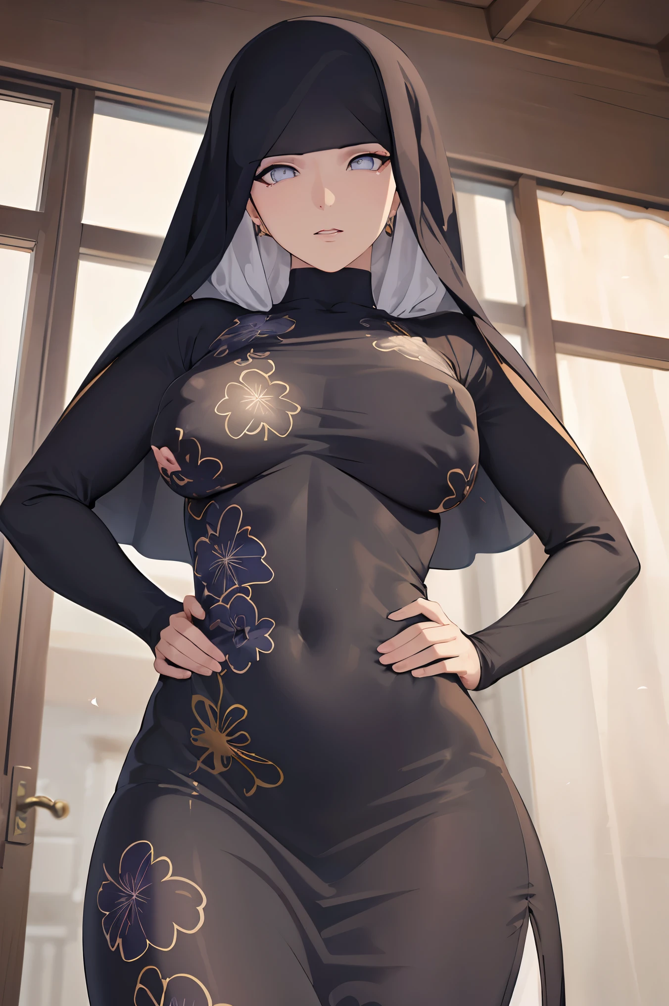 blunt bangs, dark blue hair, purple eyes,
BREAK ((white burqa dress, tight, hip-lengtg dress, flowery print, marked nipples:1.5))
BREAK view from below, morning city, street,
BREAK (masterpiece:1.2), best quality, high resolution, unity 8k wallpaper, (illustration:0.8), (beautiful detailed eyes:1.6), extremely detailed face, perfect lighting, extremely detailed CG, (perfect hands, perfect anatomy),