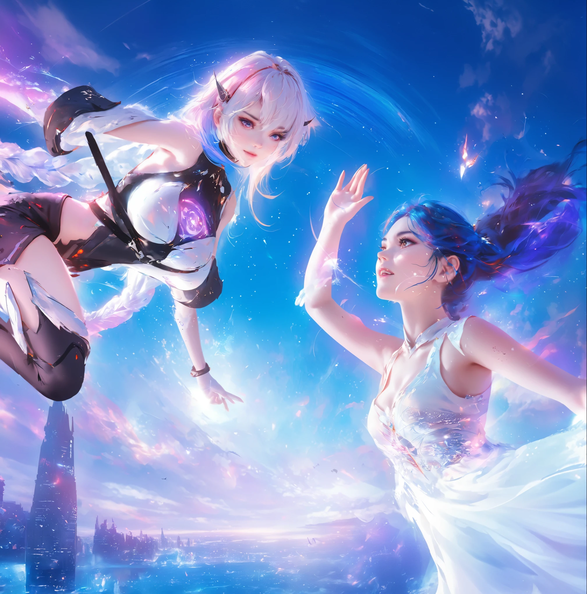 Anime girl flying over the city with girl in white dress, WLOP 和 Sakimichan, Keda and sam yang, Nixon and Sakimchan, Anime style 4k, anime art wallpaper 8 k, 2. 5d cgi anime fantasy artwork, Keda, Anime Art Wallpaper 4K, Ruan Jia and Artgerm