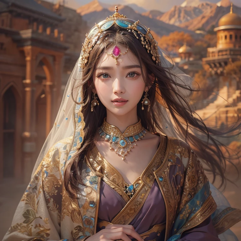 On the floating flying carpet in the desert 、Hair flows、 ((highest quality、masterpiece、8k、best image quality、ultra high resolution、Award-winning work)、(accurate anatomy:1.1)、(look at me and smile:1.1)、Shining fair skin with ultra high resolution、most detailed face、ultra high resolution detailed face、ultra high resolutionの髪の毛、(ultra high resolutionの煌めく瞳:1.1)、Beautiful face drawn in every detail、(blurred background:1.1)、ancient Islamic clothes, chest together, Long-distance photo