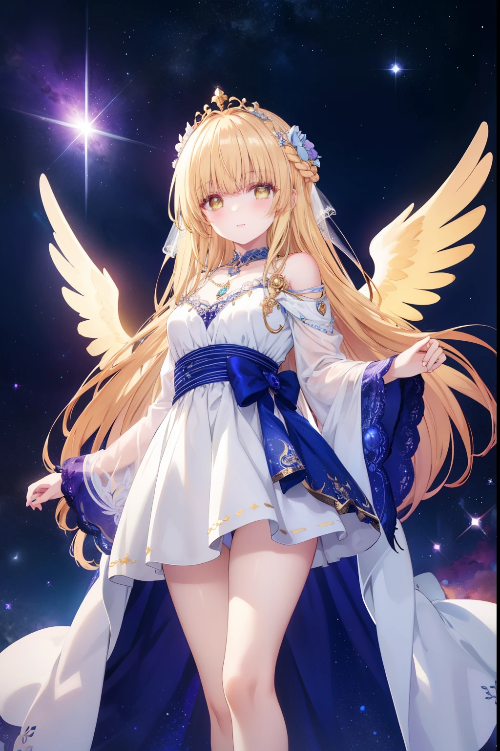 Mahiru shiina, , blonde, (Yellow Eyes:1.3)、Braided long hair,,blush,smile,Beautiful views, Attractive thighs、Beautiful bare legs, Angel wings have grown、//Character
1girl,
BREAK
//Fashions
Celestial Goddess,
Inspired by the beauty and majesty of the cosmos, this costume exudes ethereal elegance and celestial charm, The ensemble features a flowing gown in shimmering shades of midnight blue, purple, or silver, reminiscent of the starry night sky, The gown is adorned with glittering sequins, beads, and celestial motifs, evoking the splendor of distant galaxies and constellations,
BREAK
Pair the gown with delicate celestial accessories such as a sparkling tiara or a crescent moon necklace, adding a touch of celestial magic to the ensemble, Complete the look with flowing hair styled in loose waves or intricate braids, reminiscent of a celestial goddess descending from the heavens, This costume is perfect for fantasy-themed events, cosmic masquerades, or anyone who wants to shine like a star,
BREAK、I can see your Pantastar piece.:1.2), highest quality, High resolution, unity 8k wallpaper, (shape:0.8), (Beautiful and beautiful eyes:1.6), Highly detailed face, Perfect lighting, Highly detailed CG, (Perfect hands, Perfect Anatomy),