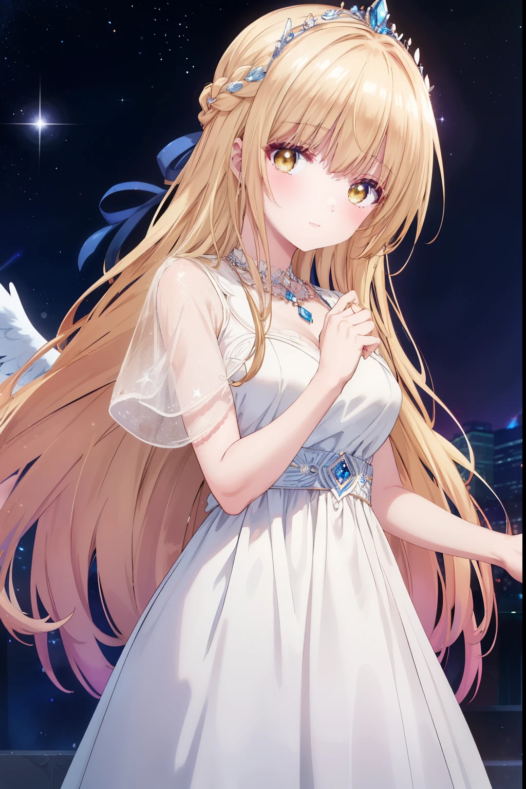 Mahiru shiina, , blonde, (Yellow Eyes:1.3)、Braided long hair,,blush,smile,Beautiful views, Attractive thighs、Beautiful bare legs, Angel wings have grown、//Character
1girl,
BREAK
//Fashions 
Celestial Goddess,
Inspired by the beauty and majesty of the cosmos, this costume exudes ethereal elegance and celestial charm, The ensemble features a flowing gown in shimmering shades of midnight blue, purple, or silver, reminiscent of the starry night sky, The gown is adorned with glittering sequins, beads, and celestial motifs, evoking the splendor of distant galaxies and constellations, 
BREAK
Pair the gown with delicate celestial accessories such as a sparkling tiara or a crescent moon necklace, adding a touch of celestial magic to the ensemble, Complete the look with flowing hair styled in loose waves or intricate braids, reminiscent of a celestial goddess descending from the heavens, This costume is perfect for fantasy-themed events, cosmic masquerades, or anyone who wants to shine like a star,
BREAK、I can see your Pantastar piece.:1.2), highest quality, High resolution, unity 8k wallpaper, (shape:0.8), (Beautiful and beautiful eyes:1.6), Highly detailed face, Perfect lighting, Highly detailed CG, (Perfect hands, Perfect Anatomy),