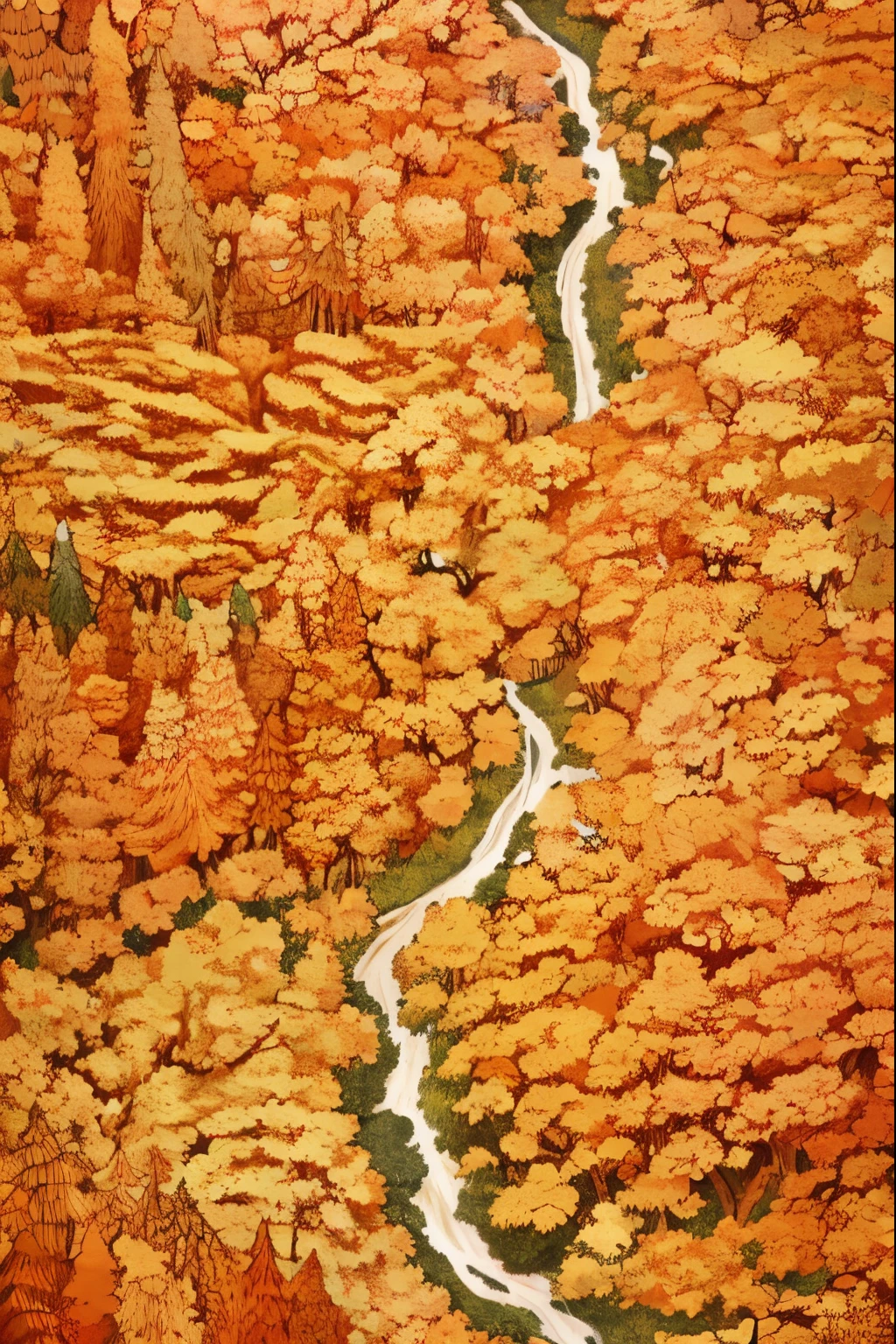 A stream flows through the autumn forest, fantasy, illustration style, Aerial view, HD, detail