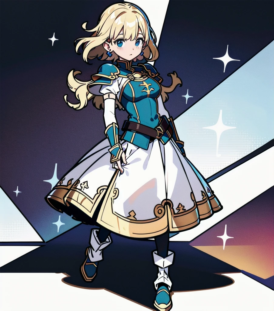 absurdres, RAW photo, extremely delicate and beautiful, masterpiece, Best Quality, ultra high resolution, 32k, hyperrealistic, ultra-detailed, 20 years old, detailed beautiful face, tearful mole, earring, very huge round ???????, short medium hair, wavy hair, wet clothes, (full body shot), alone, blonde hair, gauntlets, Joan of Arc, (surcoat), (cross armor),