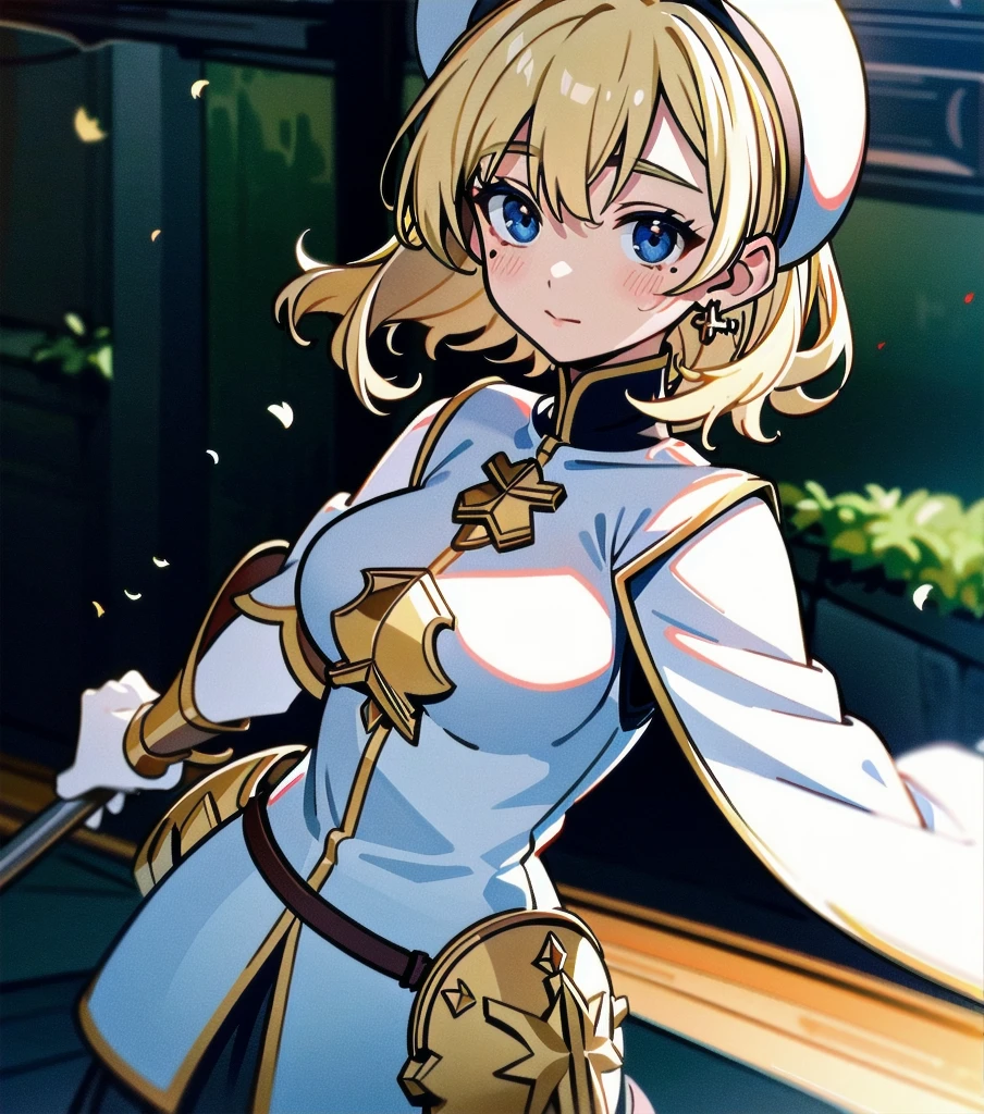 absurdres, RAW photo, extremely delicate and beautiful, masterpiece, Best Quality, ultra high resolution, 32k, hyperrealistic, ultra-detailed, 20 years old, detailed beautiful face, tearful mole, earring, very huge round breasts, short medium hair, wavy hair, wet clothes, (full body shot), alone, blonde hair, gauntlets, Joan of Arc, (surcoat), (cross armor),