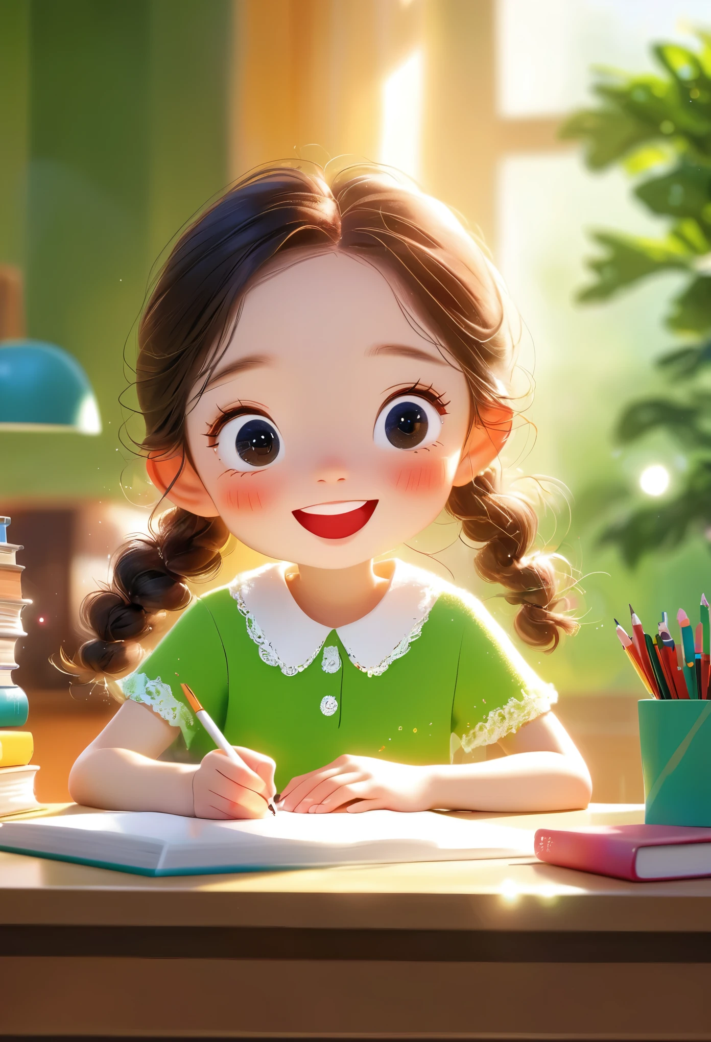 study room,Sitting on the desk and writing is cute,sunny, Laugh out loud,(masterpiece: 1.2) (Realistically: 1.2) (Bokeh) (Best quality) (detailed skin: 1.3) (8k) (Eyes Details) (sharp focus), (hapiness),Rough texture,Hand-drawn style
